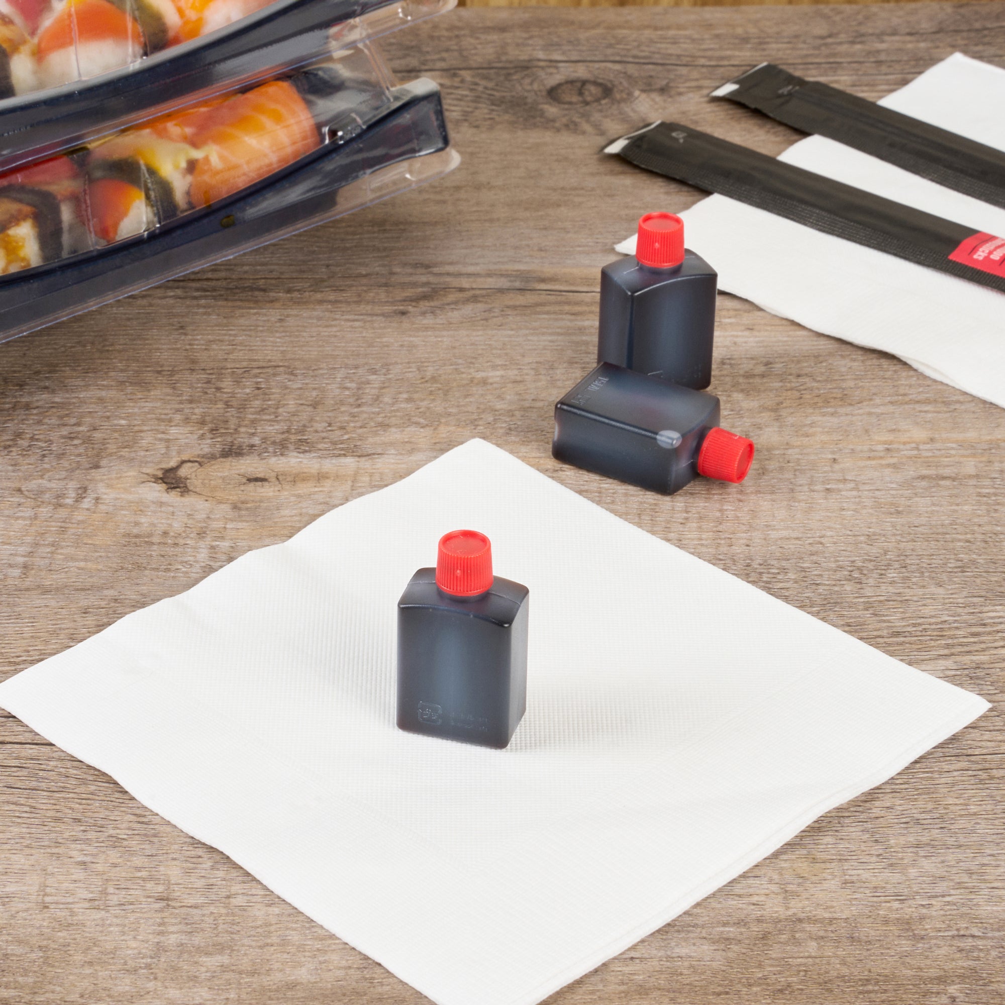 Bento Tek 15 mL Clear Plastic Soy Sauce Bottles with Red Cap - 100 Count Bulk Pack (1 x 3/4 x 2 inches) - Perfect for Restaurants, Sushi Bars & Home Meal Prep