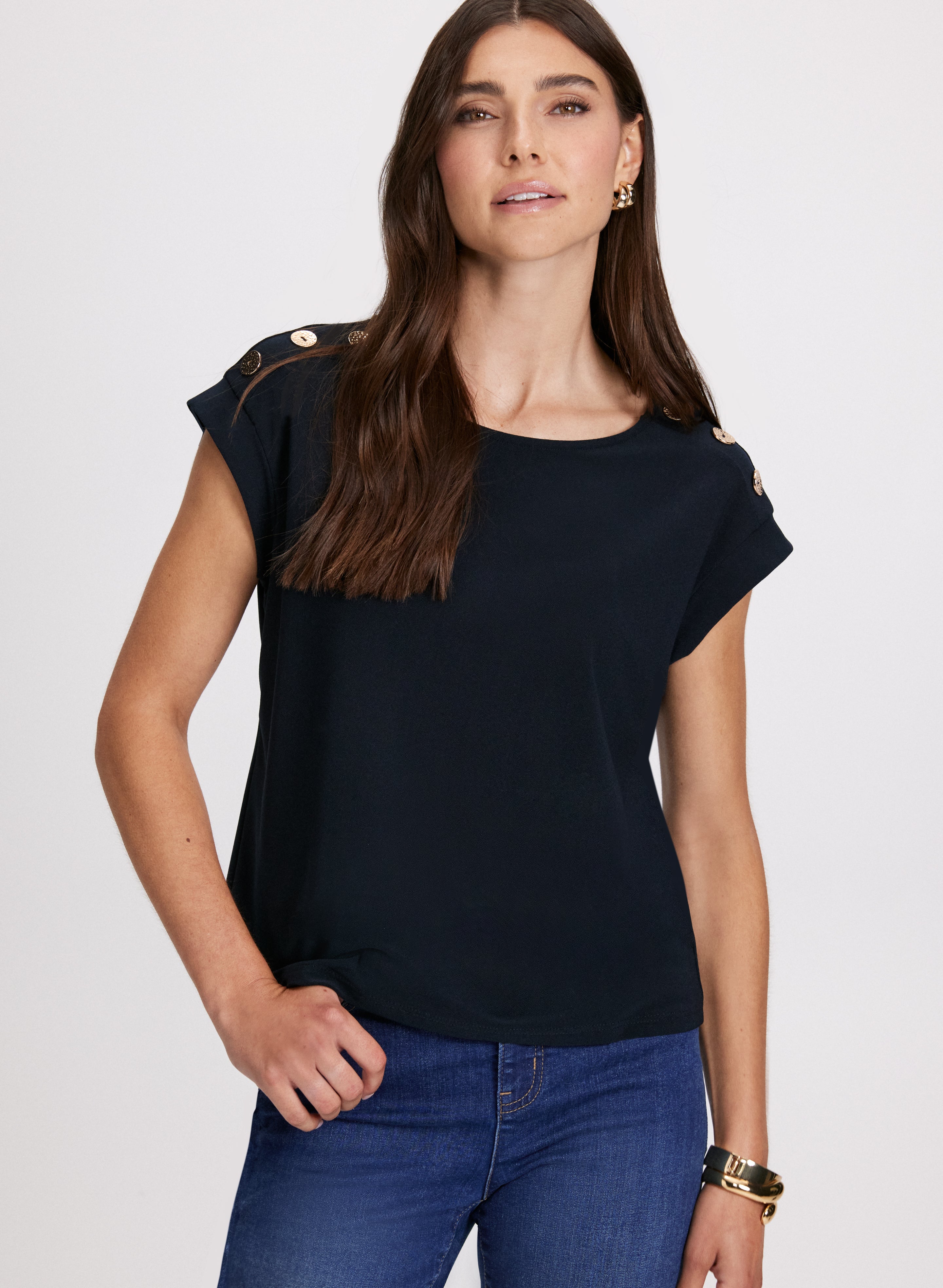 Stylish Button Shoulder Detail Top for Women - Trendy Blouse with Unique Button Accents | Perfect for Casual Outings, Office Wear & Date Nights