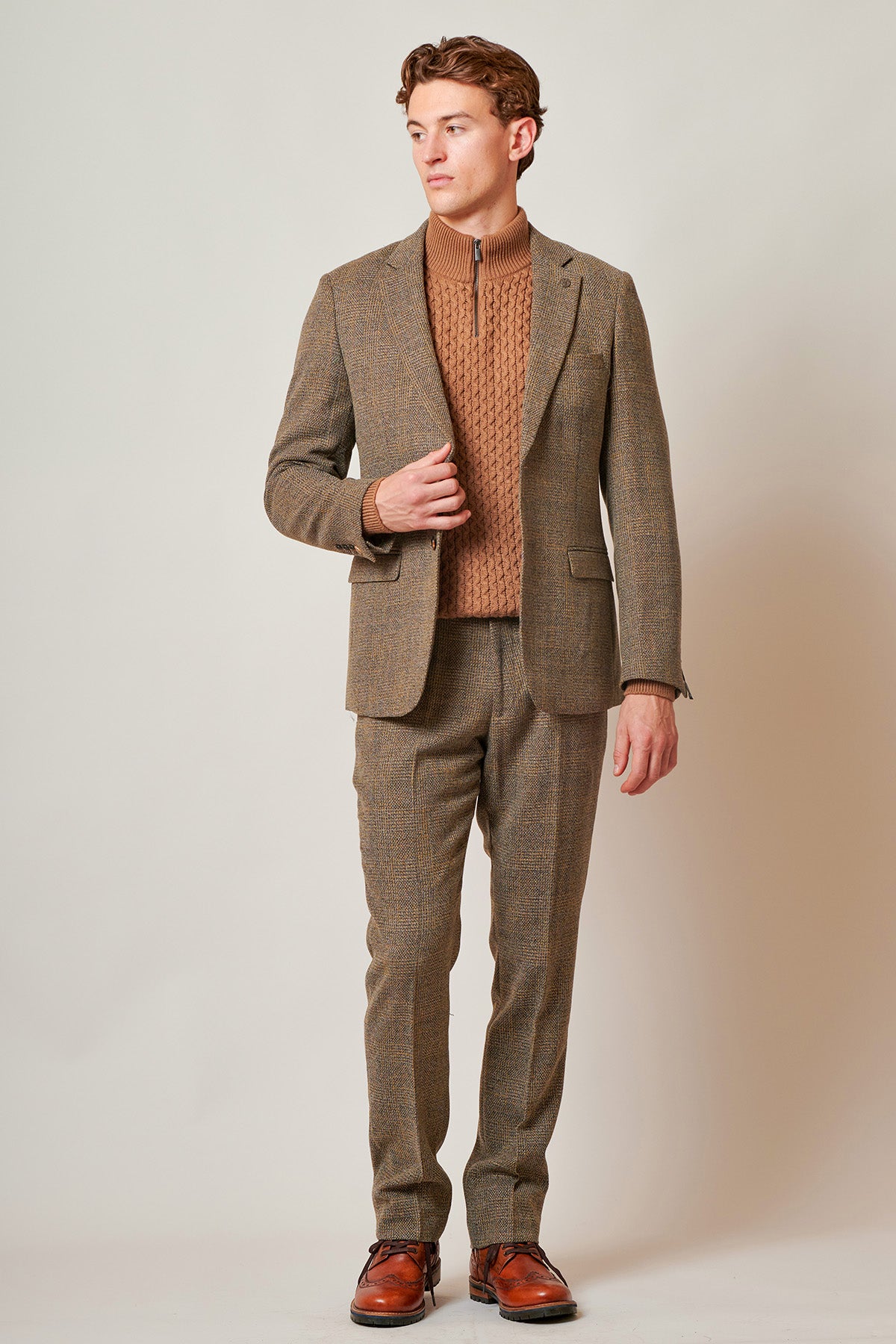 KRIS Women's Tan Tweed Two Piece Suit Set - Elegant Blazer and Skirt Outfit for Office, Business Meetings & Formal Events