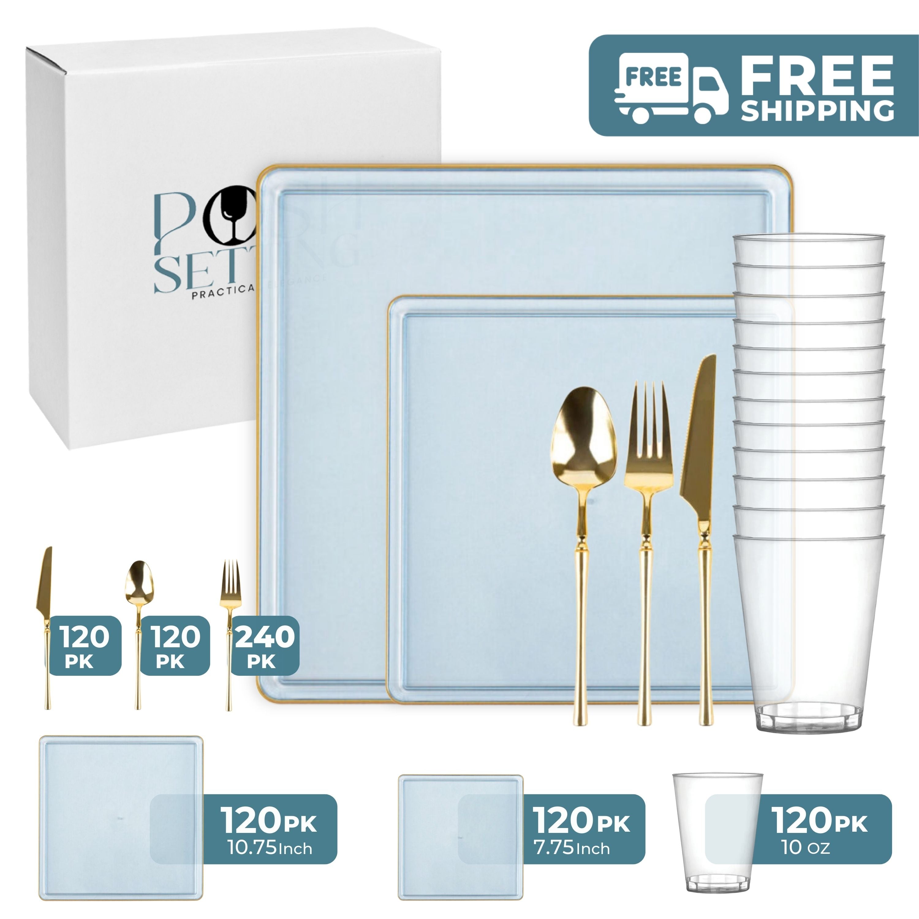 Blue and Gold Plastic Party Bundle - Square Edge Party Plates, Cups & Napkins for Birthday, Wedding & Holiday Celebrations