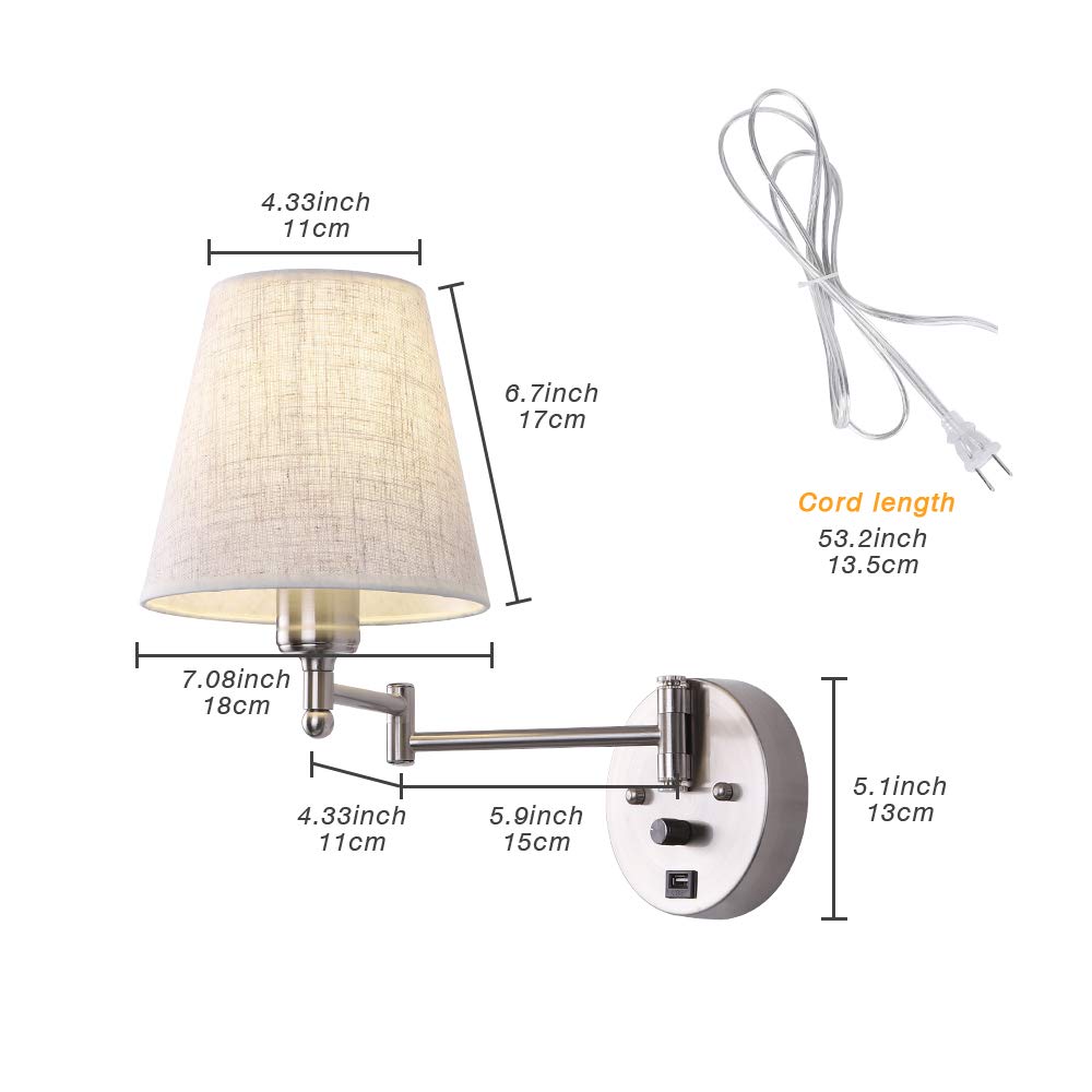 Dimmable Swing Arm Wall Sconce Light with USB Port & Plug-in Cord - Adjustable Fabric Shade Bedside Lamp for Bedroom, Living Room & Hotel - Perfect for Reading, Nightstand Lighting & Cozy Ambience