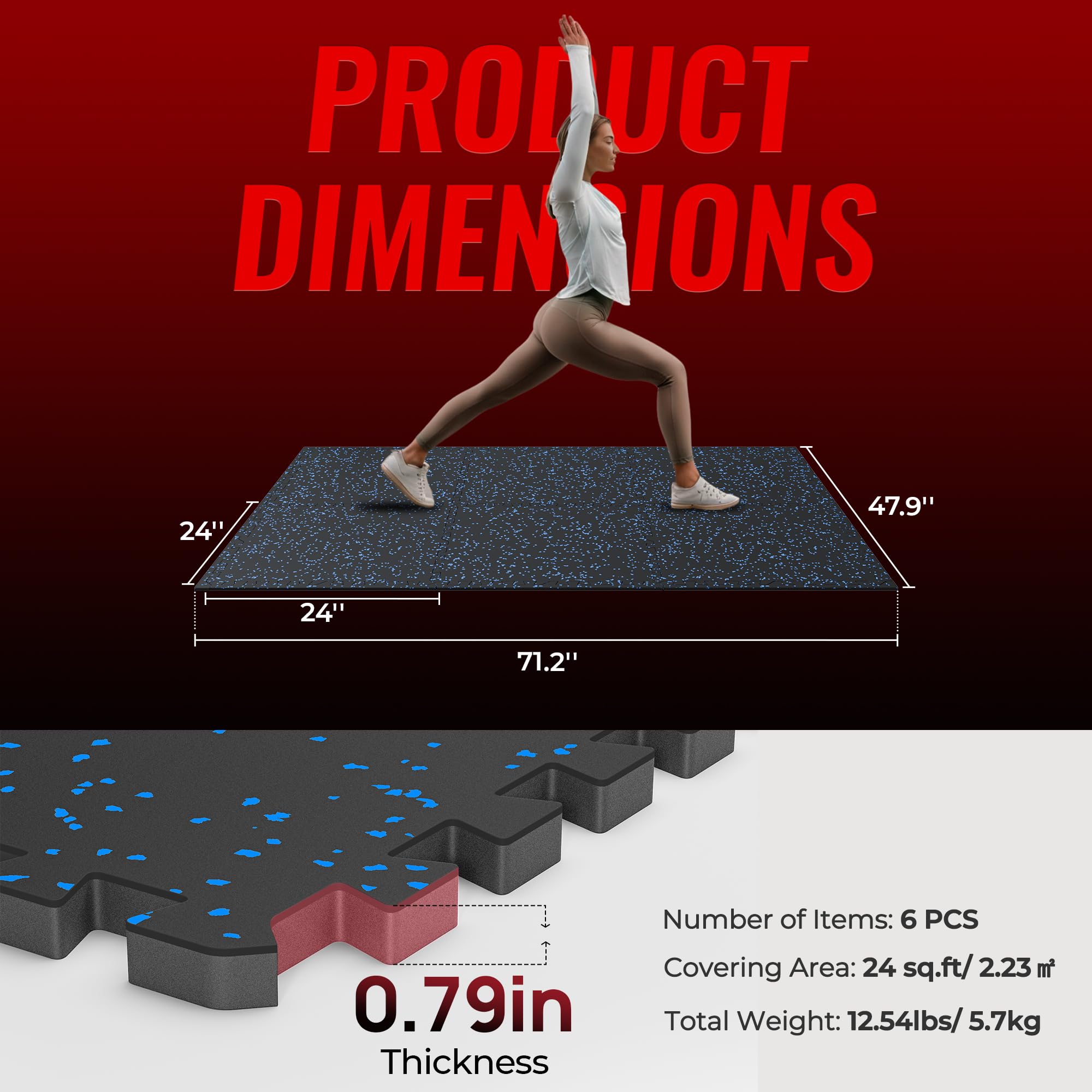 SUPERJARE 0.79 Inch Thick Interlocking Rubber Gym Floor Tiles - Non-Slip Exercise Equipment Mats for Home Gym, Fitness Room & Workout Areas - Durable Protective Flooring for Weightlifting, Yoga & Cardio