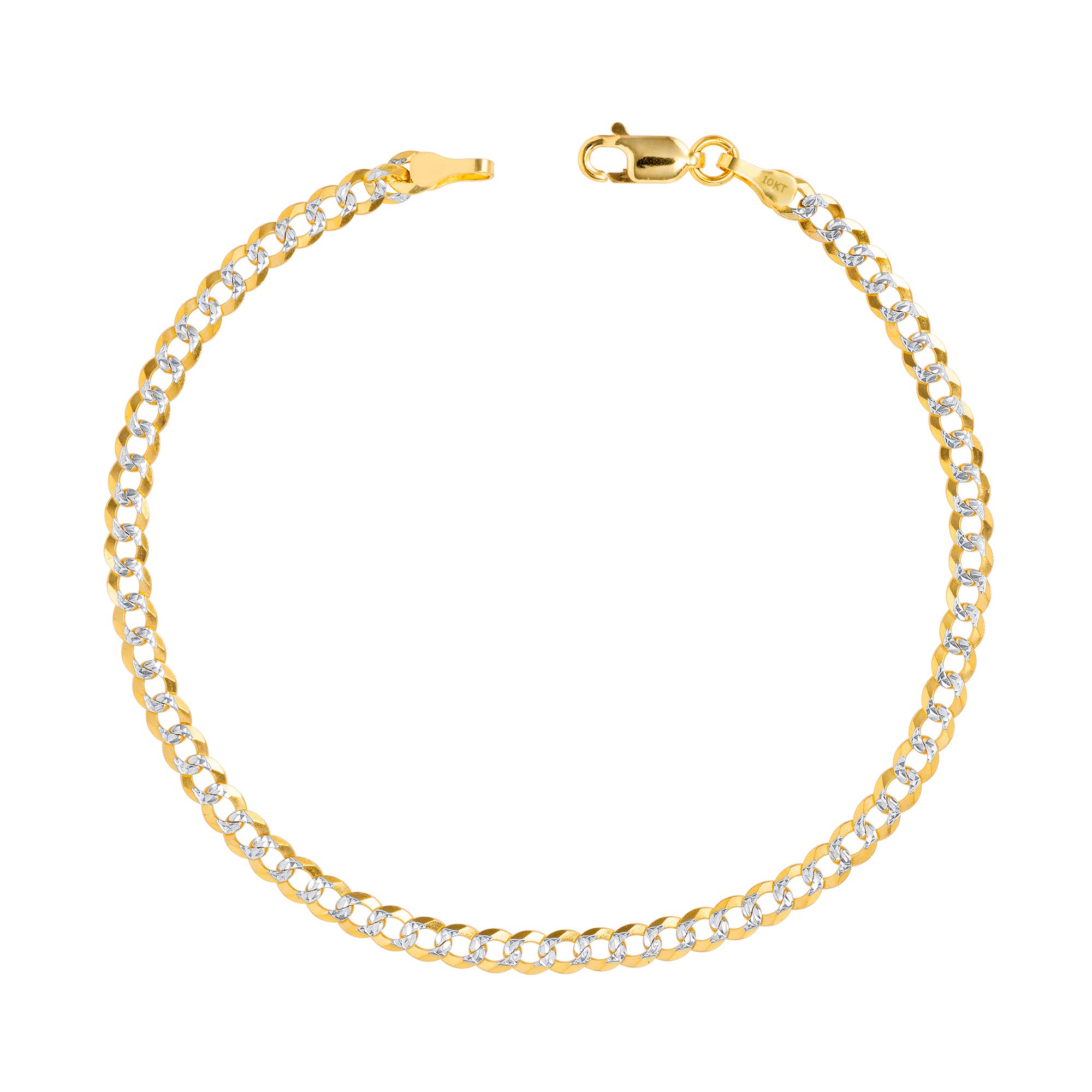 10K Real Yellow Gold Solid Cuban Curb Link Bracelet - 4mm Diamond Cut Pave Chain for Men & Women (7