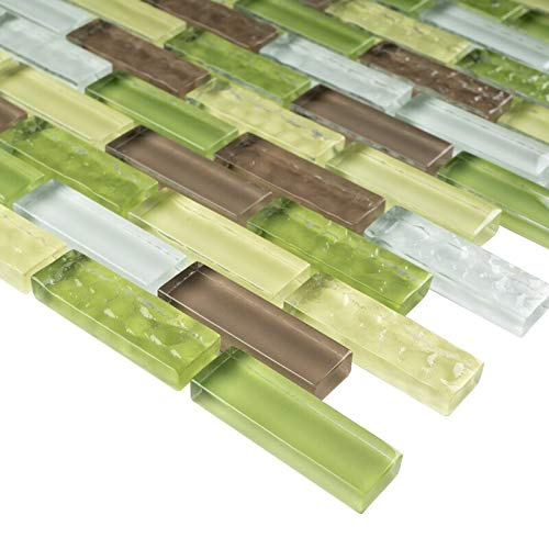 Green and Brown Mini Brick Mix Glass Mosaic Wall Tile - 10 Sheets/Case for Bathroom, Kitchen Backsplash, Shower, and Pool Designs | Waterproof & Durable Decorative Tiles
