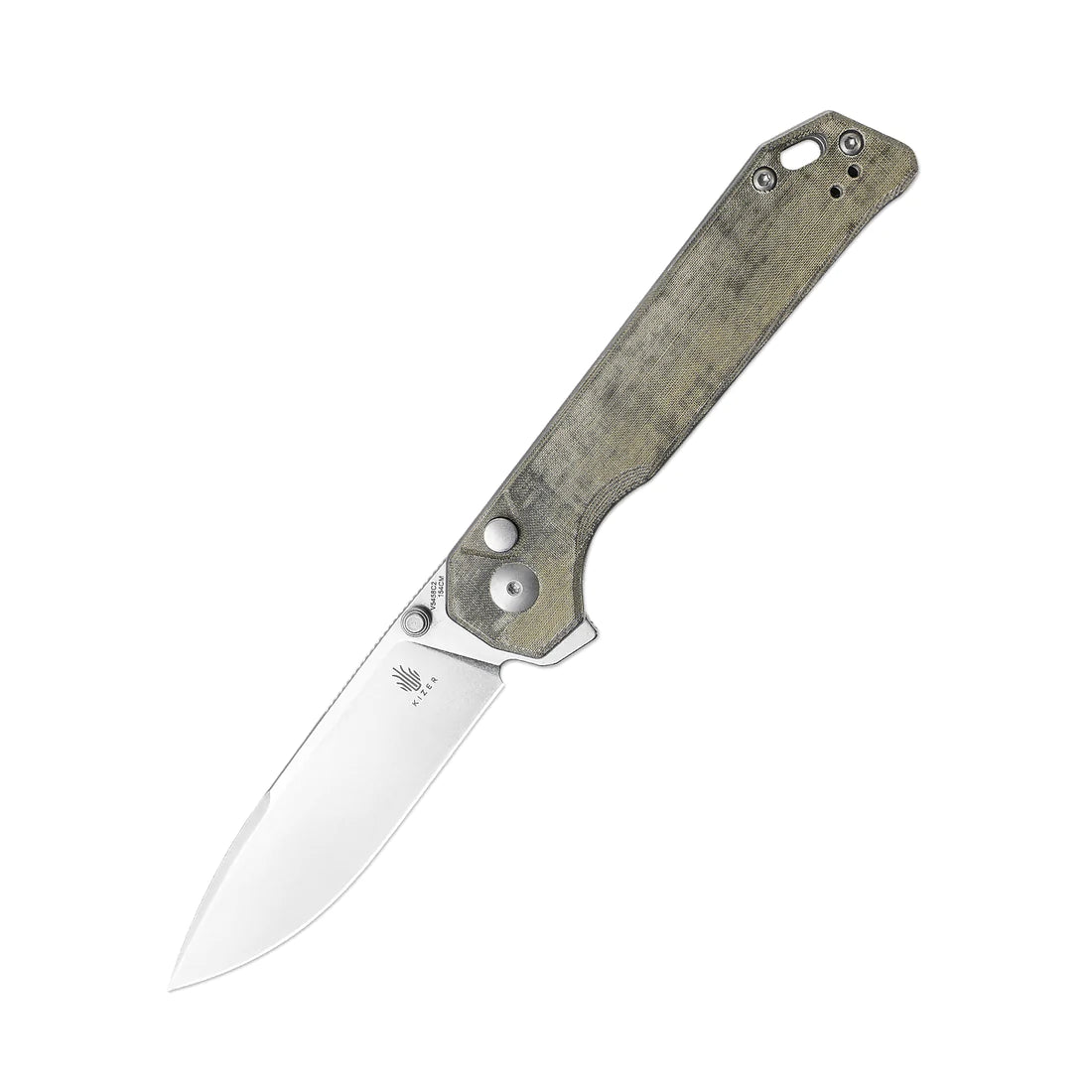 Kizer XL Begleiter V5458C2 Folding Knife - Stonewash Drop Point Blade, Green Micarta Handles, Button Lock - EDC Pocket Knife for Camping, Hiking & Outdoor Adventures
