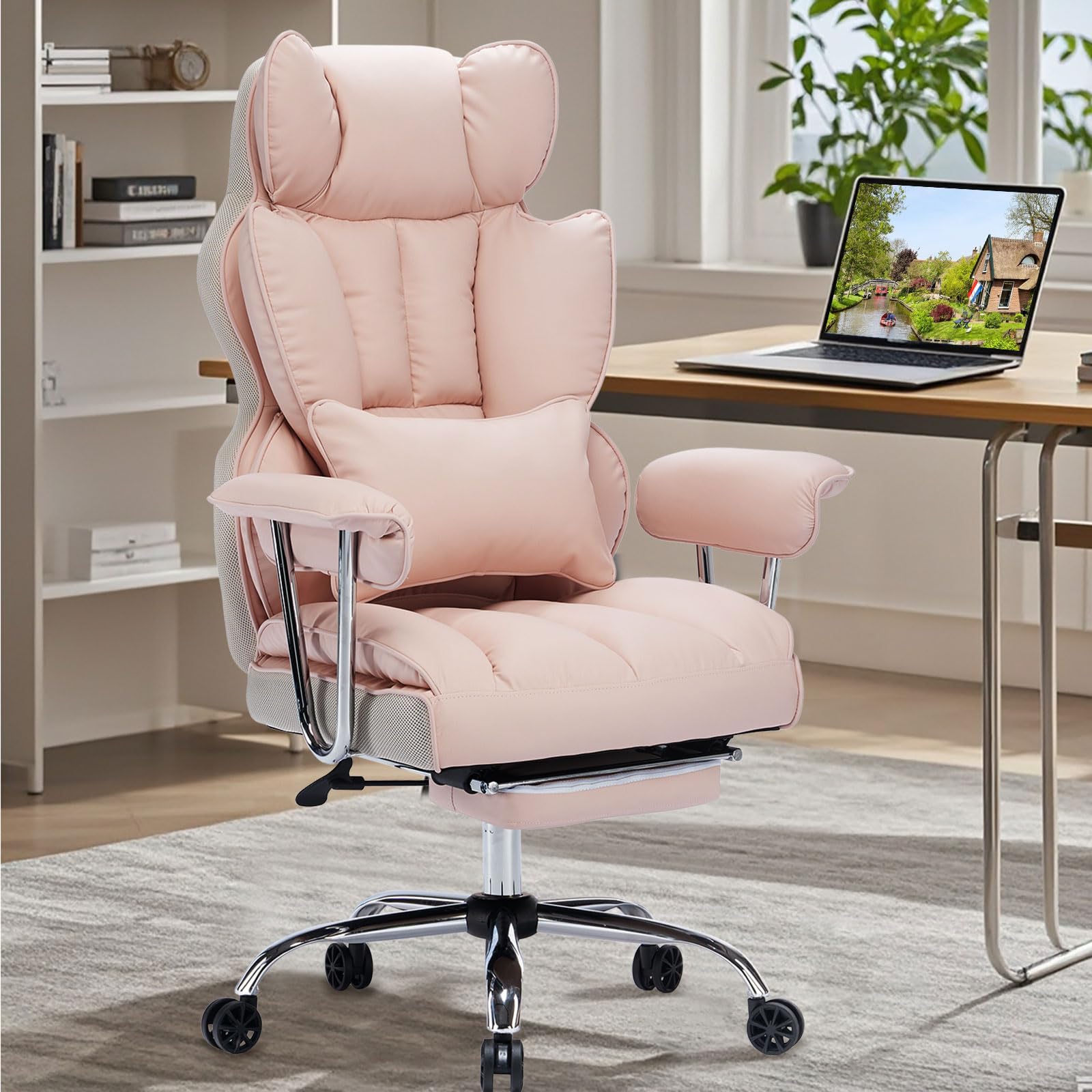 Efomao Big and Tall Office Chair 400LBS Heavy Duty Executive Chair with Footrest - Pink Oversized Computer Desk Chair for Home Office, Gaming & Workspace Comfort