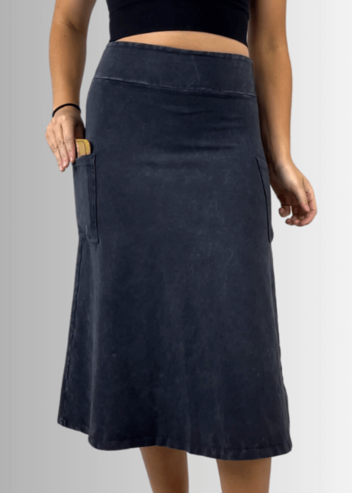 Versatile Cotton Denim Skirt for Women - Dark Grey Blue A-Line Midi Skirt | Perfect for Casual Outfits, Office Wear & Date Nights
