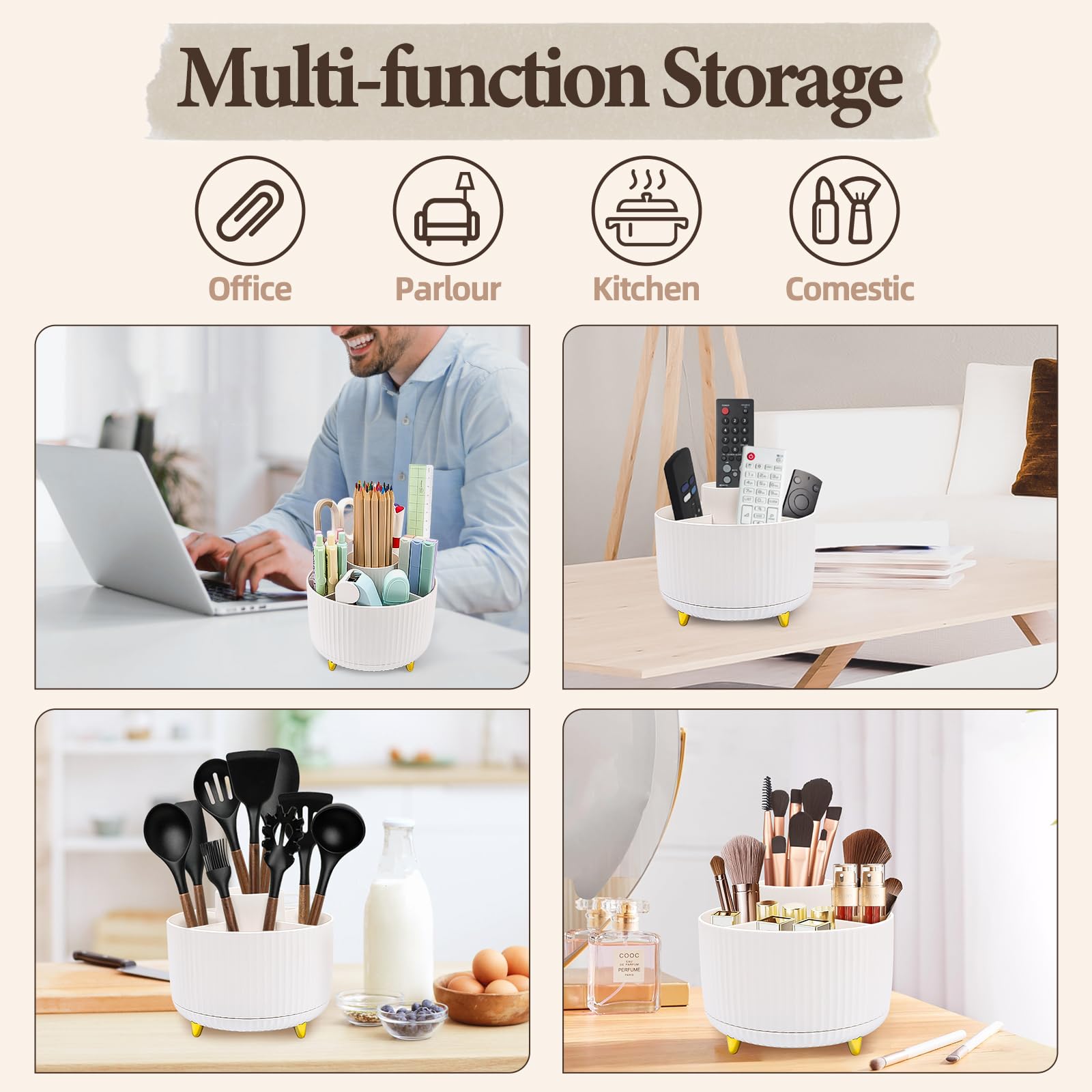 360° Rotating Makeup Brush Organizer with 5 Slots - White Cosmetic Brush Storage Holder & Cute Pencil Cup for Vanity Desk - Perfect for Makeup Brushes, Pens, and Desk Accessories Organization