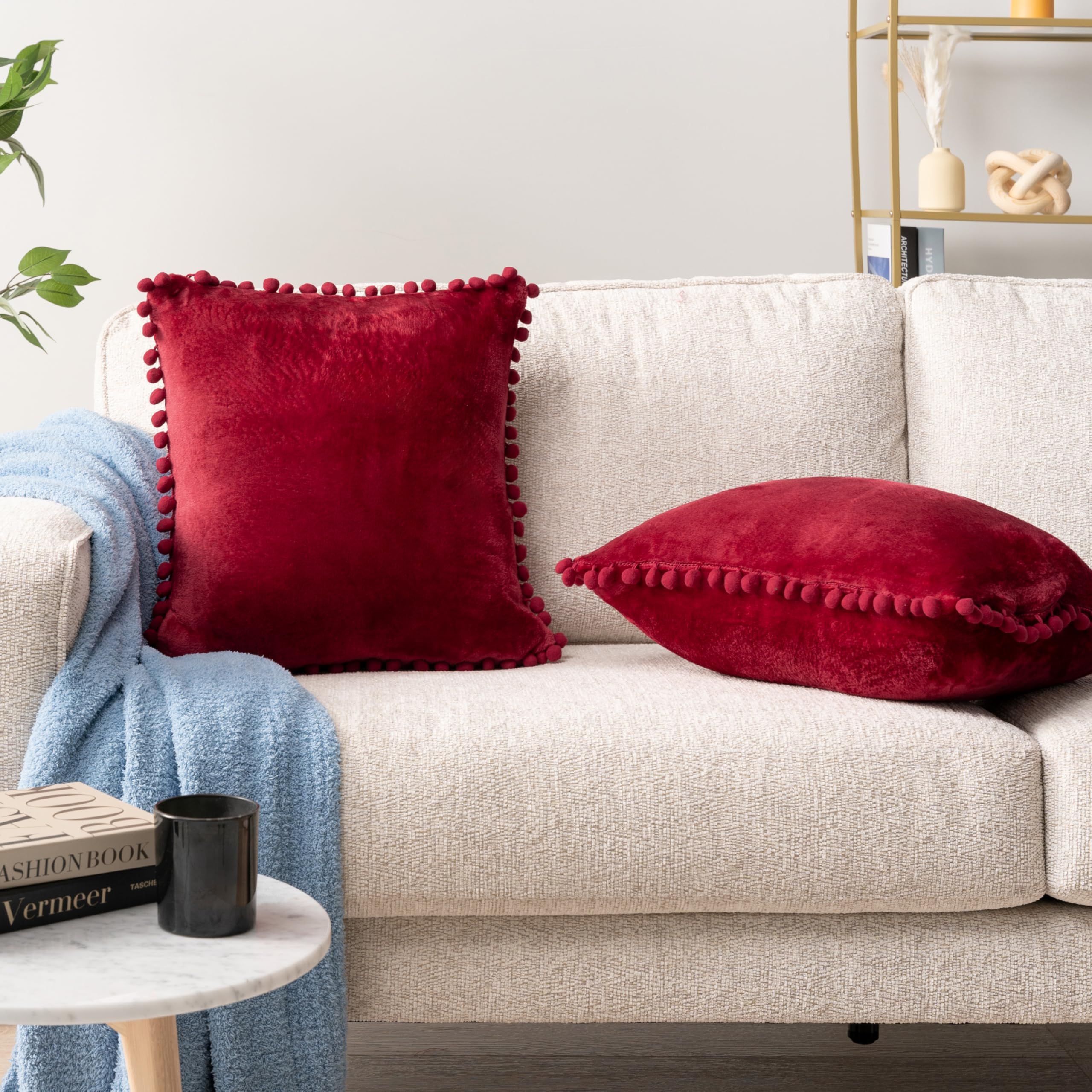 PAVILIA Burgundy Red Velvet Throw Pillow Covers 20x20 Inches - Set of 2 Decorative Pom Pom Pillow Cases for Sofa, Couch & Bedroom Decor | Soft Euro Plush Cushion Covers for Living Room, Bed Aesthetic & Home Styling