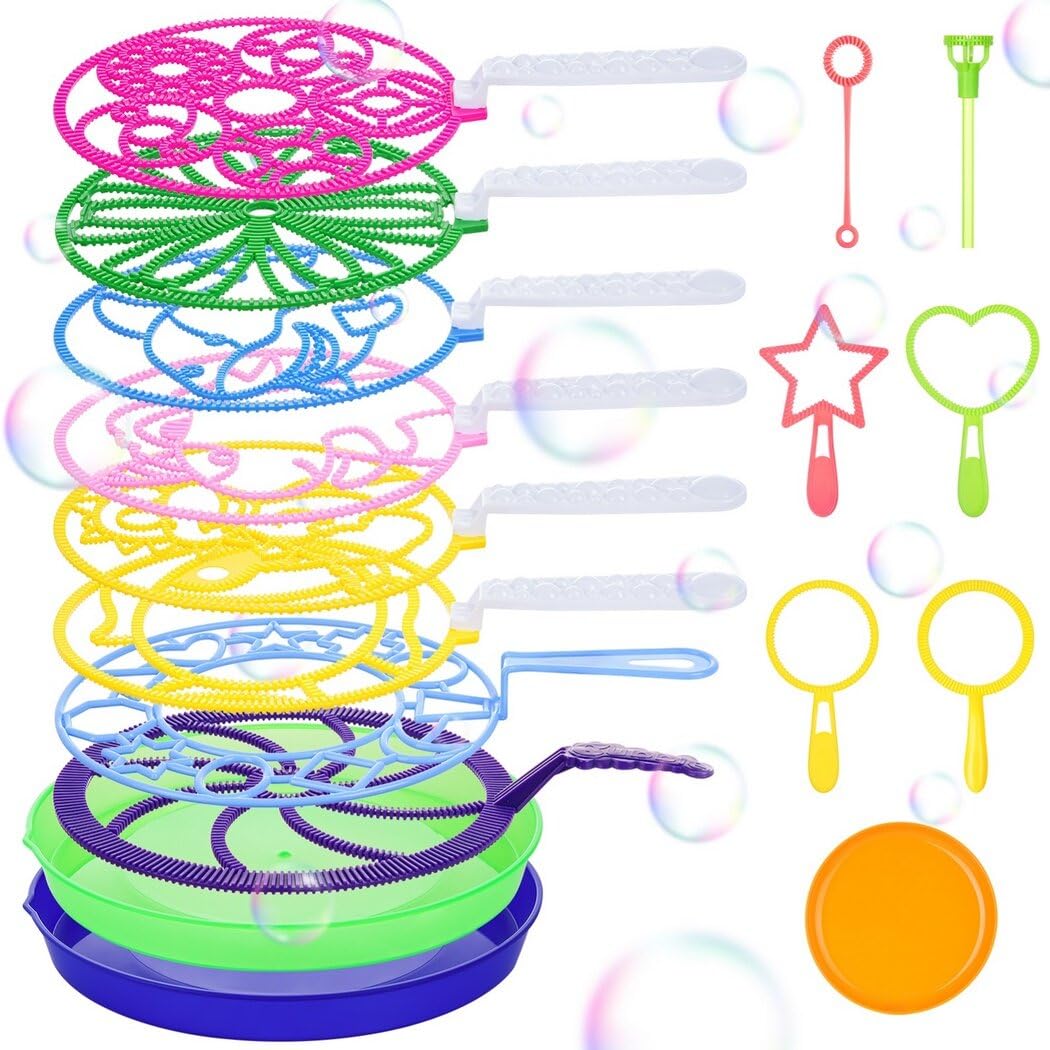 Bangcool Bubble Wands Set - 17 Piece Bubble Making Kit for Kids & Adults with Dinosaur & Shark Wands, Bubble Trays - Perfect for Birthday Parties, Outdoor Play, Summer Activities & Family Fun