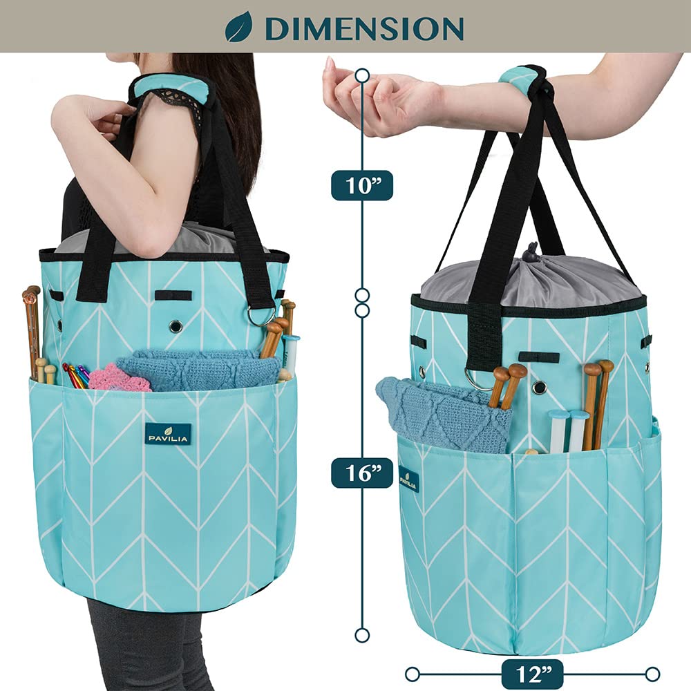 PAVILIA Crochet Yarn Bag Organizer with Grommets - Portable Knitting Storage for Crafters On The Go - Chevron Teal - Perfect Gift for Knitters & Crochet Lovers