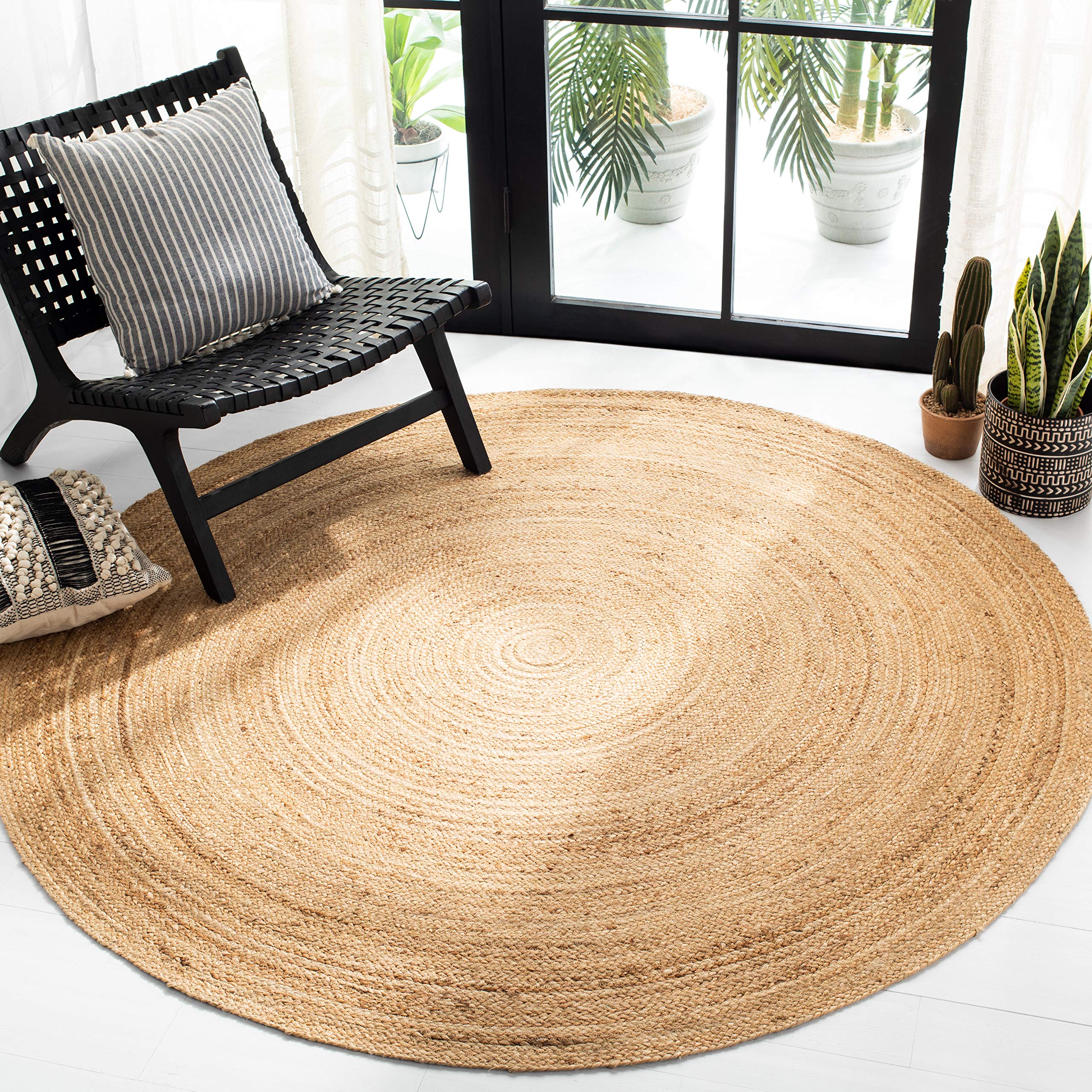 SAFAVIEH Handmade Boho Braided Jute Round Area Rug - 8' Natural Fiber Rug for Living Room, Bedroom & High Traffic Areas | Eco-Friendly Home Decor | Perfect for Bohemian, Coastal & Farmhouse Style Interiors (NFB310A)