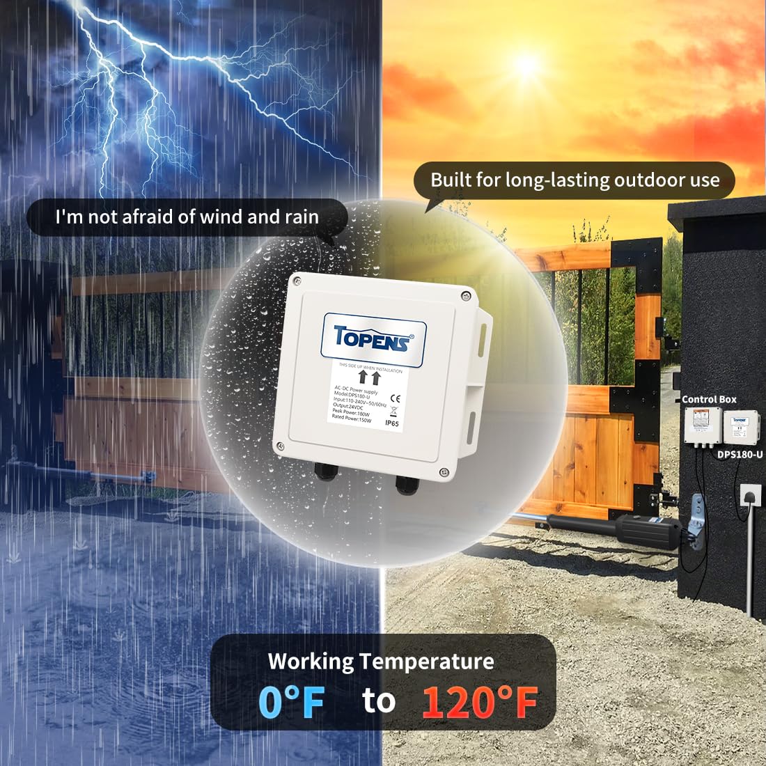 TOPENS DPS180-U 150W Waterproof AC to DC Power Supply Adapter (100-240VAC Input, 24VDC Output) for Automatic Gate Openers, CCTV Security Cameras & LED Strip Lights - Outdoor Use, Weatherproof Design