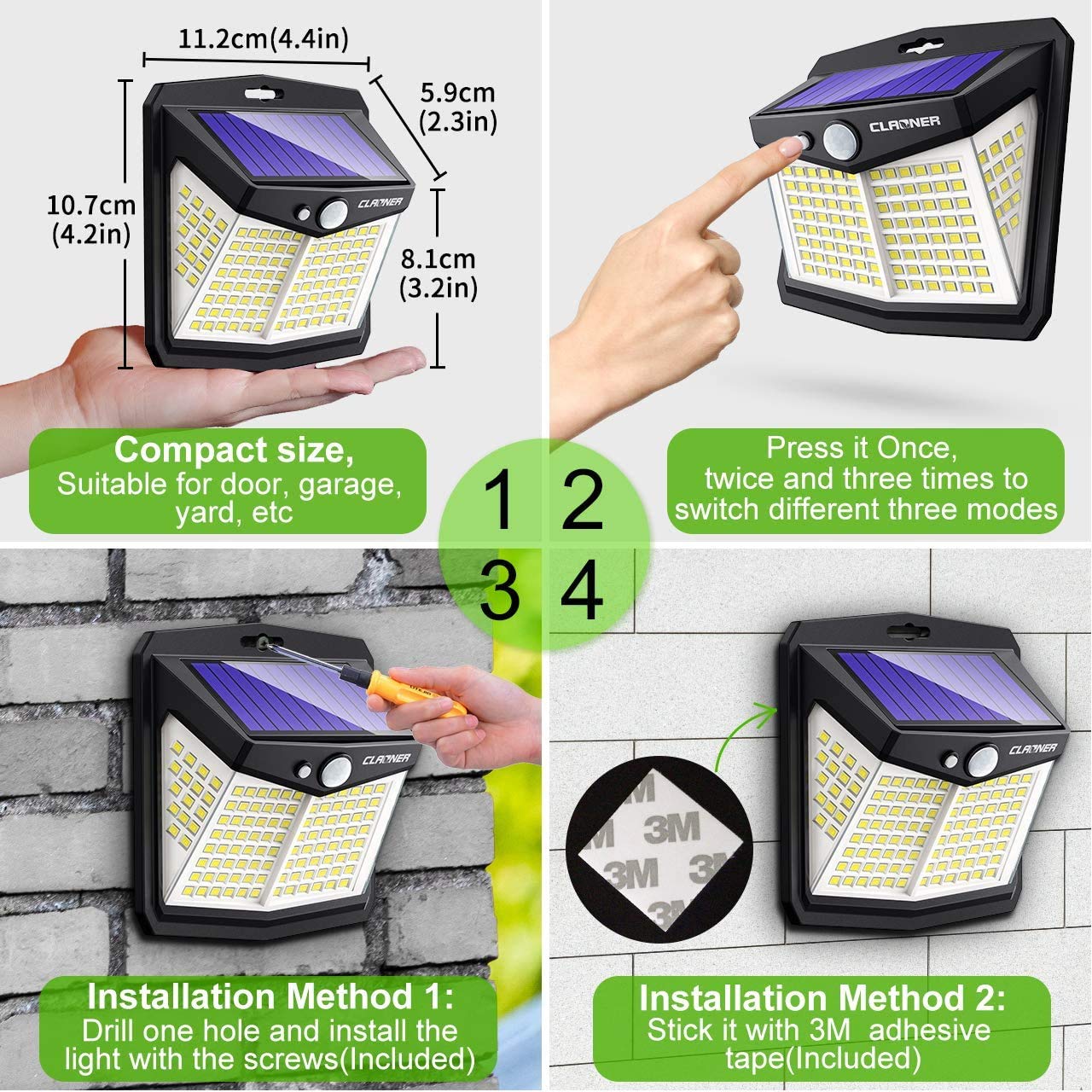 CLAONER 128 LED Solar Lights Outdoor with Motion Sensor - IP65 Waterproof, 3 Brightness Modes, 270° Wide Lighting Angle - Solar Powered Security Lights for Yard, Pathway, Garage & Deck (Ideal for Nighttime Safety & Landscape Lighting)