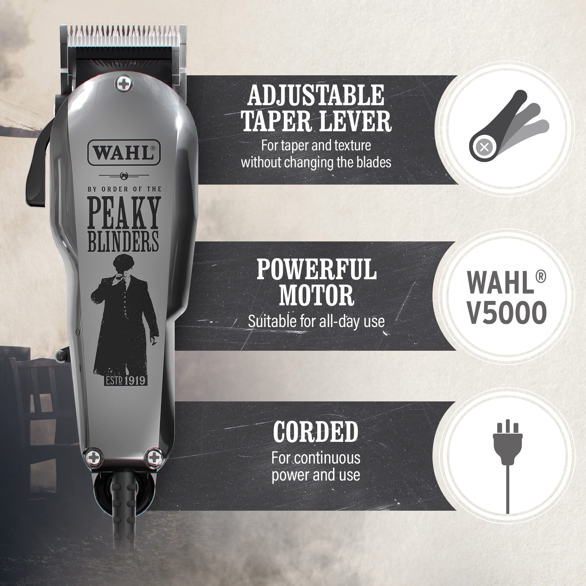 Wahl & Peaky Blinders Professional Hair Clipper Kit with Adjustable Lever - Corded Hair Clippers for Men, Barbers & Stylists - Bulk Hair Removal, Taper Fade & Precision Cutting - Includes Barber Cape & Lightweight Design - Perfect for Home Haircuts, Salon Use & Professional Grooming