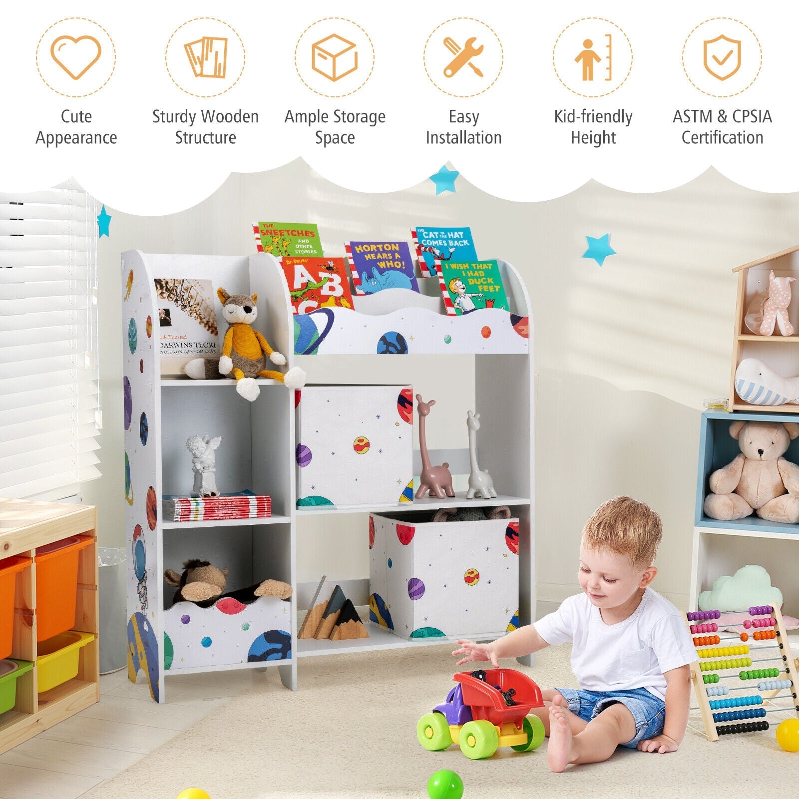Wooden Kids Book Organizer with Storage Bins - Children's Bookcase & Toy Storage Cabinet for Bedroom, Playroom, and Classroom Organization