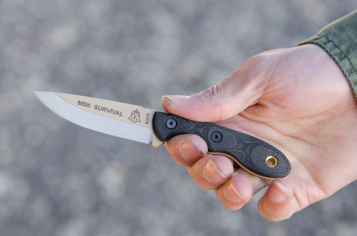 Tops Knives Mini Scandi Survival Neck Knife with Tan Blade - Compact Bushcraft & Outdoor EDC Tool for Hunting, Camping, and Wilderness Survival
