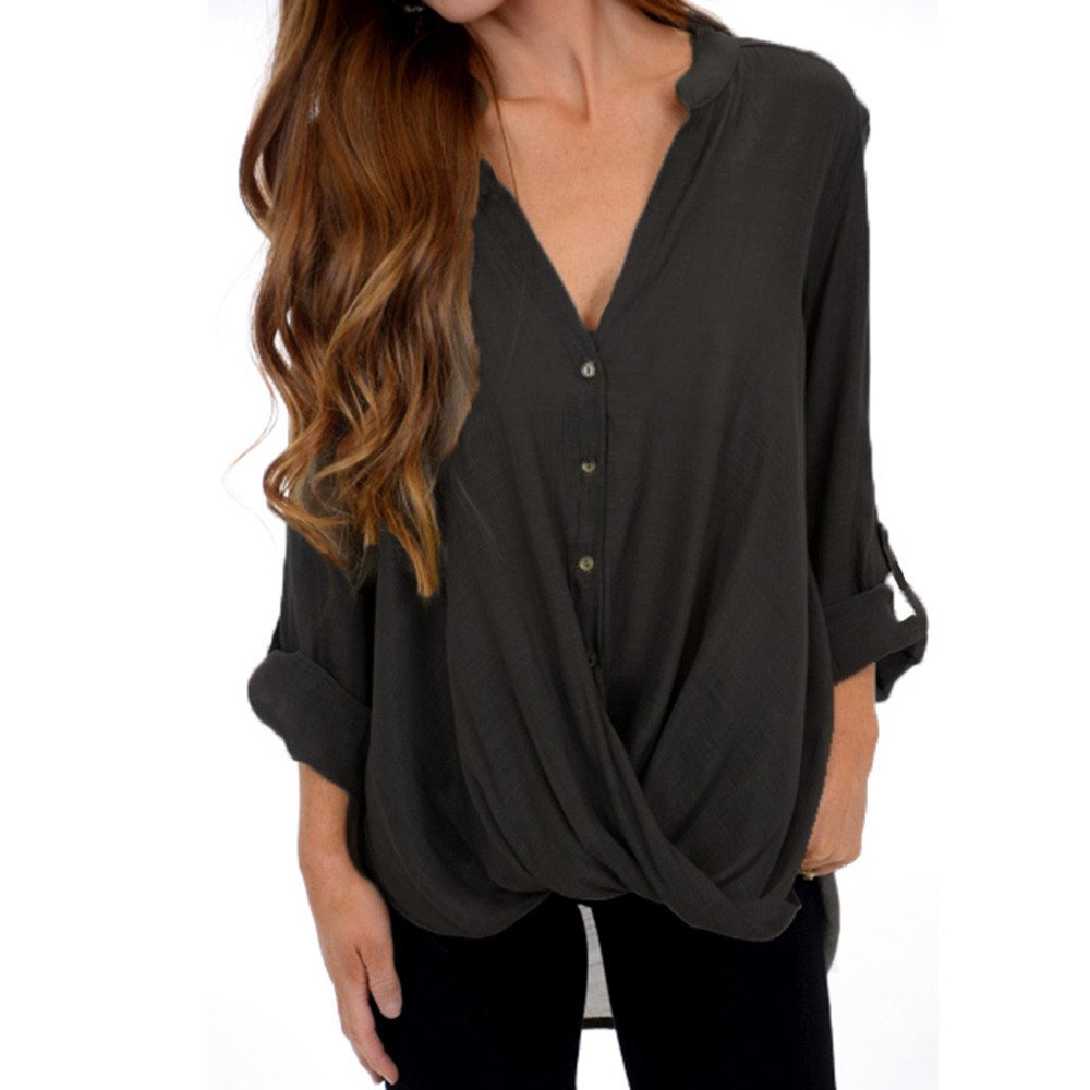 Women's Solid Color Button-Up Long Sleeve Blouse with Mock Neck & Asymmetrical Hem - Elegant Casual Tops for Work, Date Night & Everyday Wear