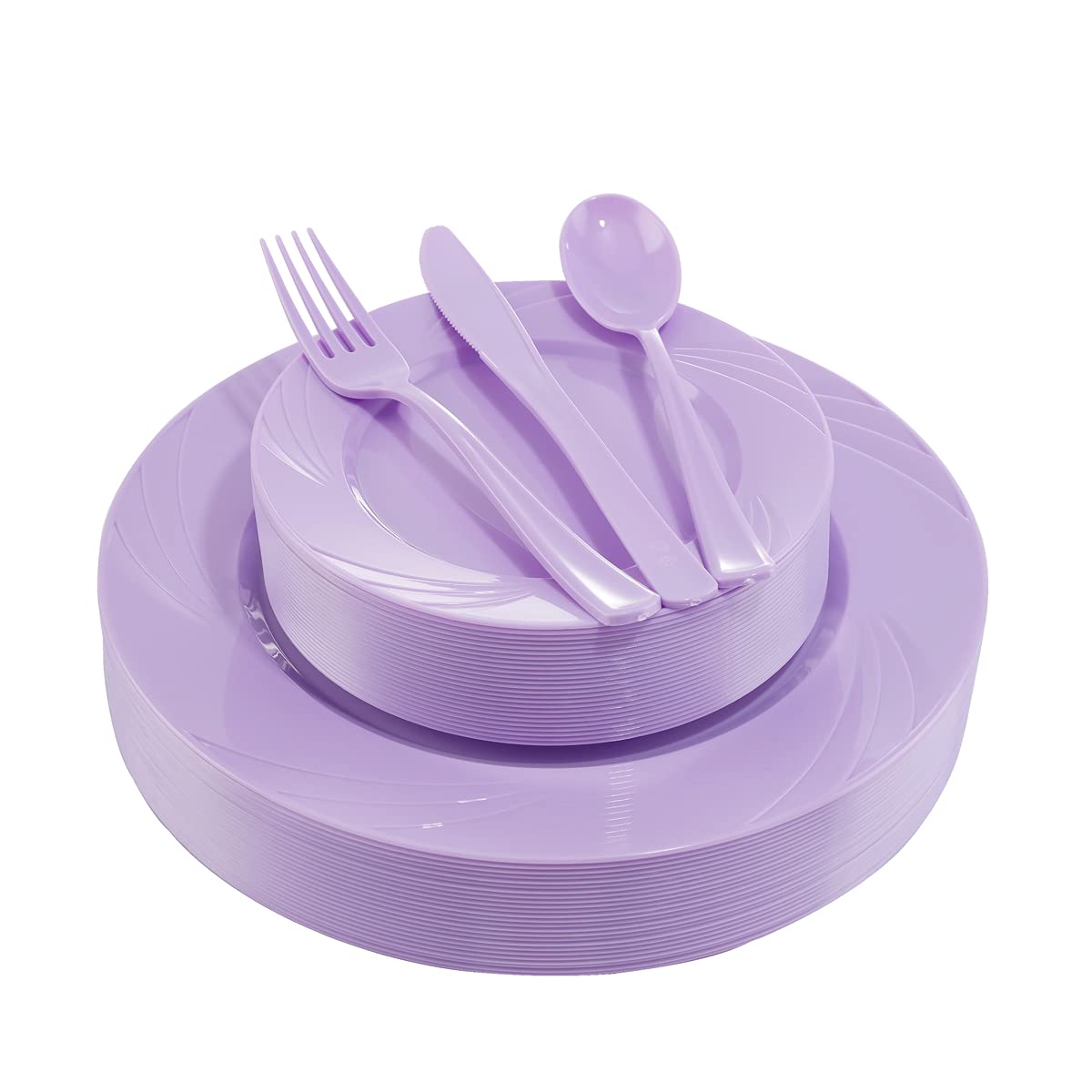 125-Piece Purple Plastic Dinnerware Set - 25 Lavender Plates, 25 Dessert Plates, 25 Forks, 25 Knives, 25 Spoons - Disposable Tableware for Wedding, Birthday Party, Mardi Gras, Picnic & Outdoor Events