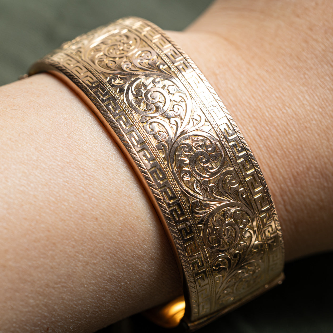 Vintage 1944 Birmingham 9k Yellow Gold Engraved Bangle Bracelet - 7 Inch - Perfect for Antique Jewelry Collectors & Special Occasions