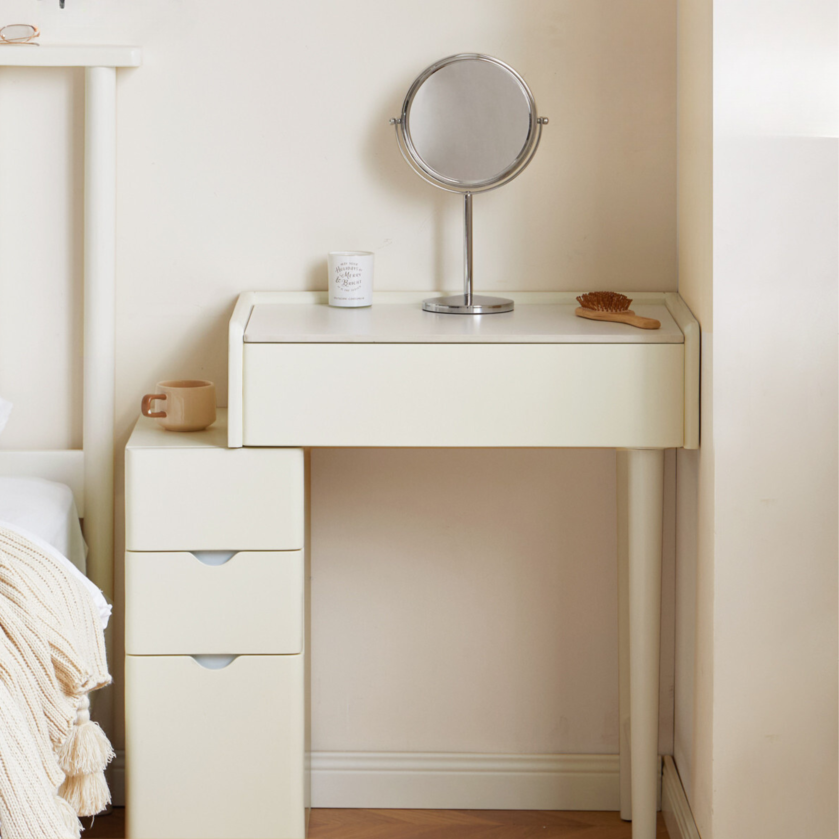 Pine Solid Wood Vanity Table with Mirror - Cream Shabby Chic Style for Bedroom & Dressing Room Makeup Organization