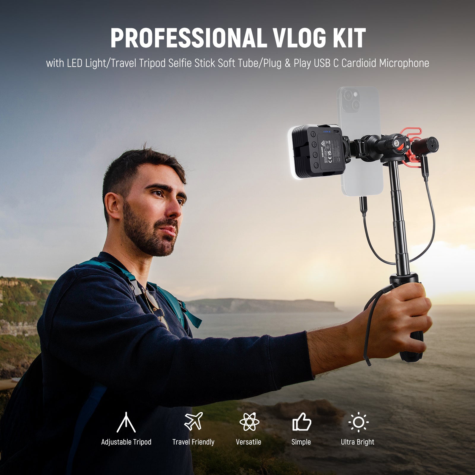 NEEWER PA045 Vlogging Kit with LED Light, Selfie Stick Tripod & Microphone for Smartphones - Perfect for YouTube, TikTok & Instagram Content Creation