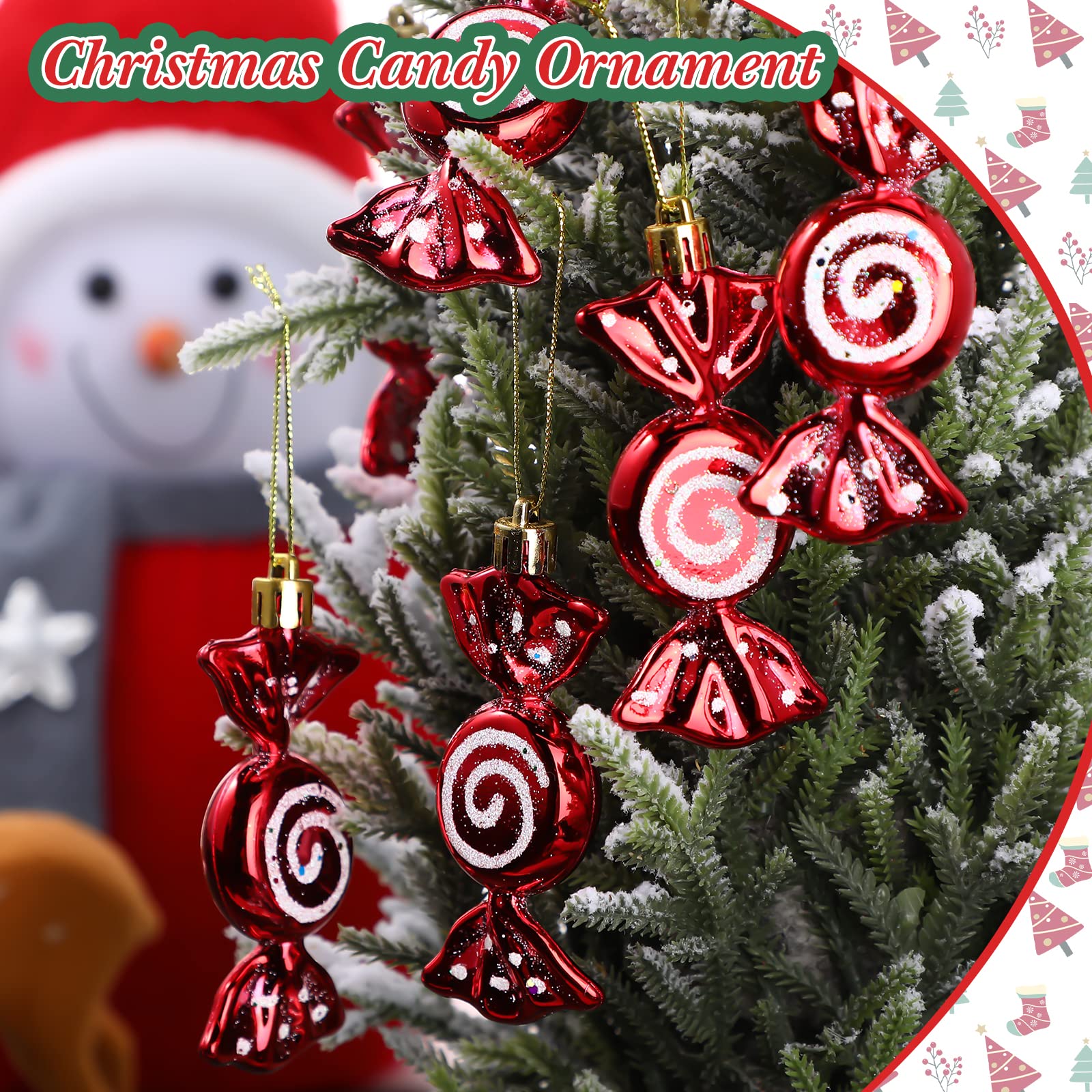 24 Pcs Christmas Candy Ornaments - Red Glitter Hanging Candy Canes for Xmas Tree Decorations, Plastic Peppermint Swirl Holiday Party Supplies | Perfect for Home, Office & Gift Exchanges