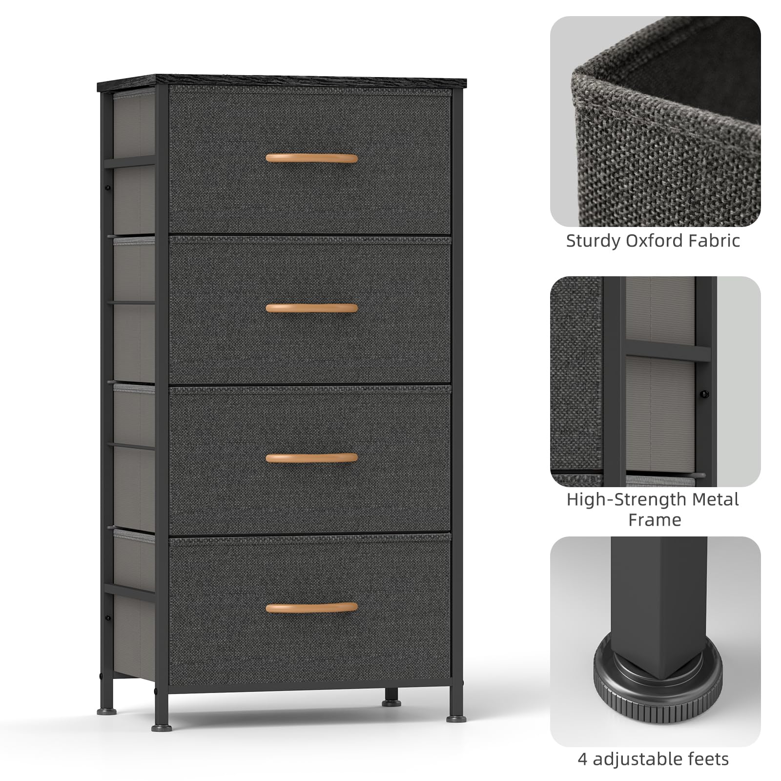 ROMOON 4-Drawer Fabric Dresser for Bedroom & Closet Storage - Compact Chest of Drawers for Kids Room, Nursery, Living Room, Hallway - Dark Grey | Space-Saving Organizer for Clothes, Toys & Home Essentials