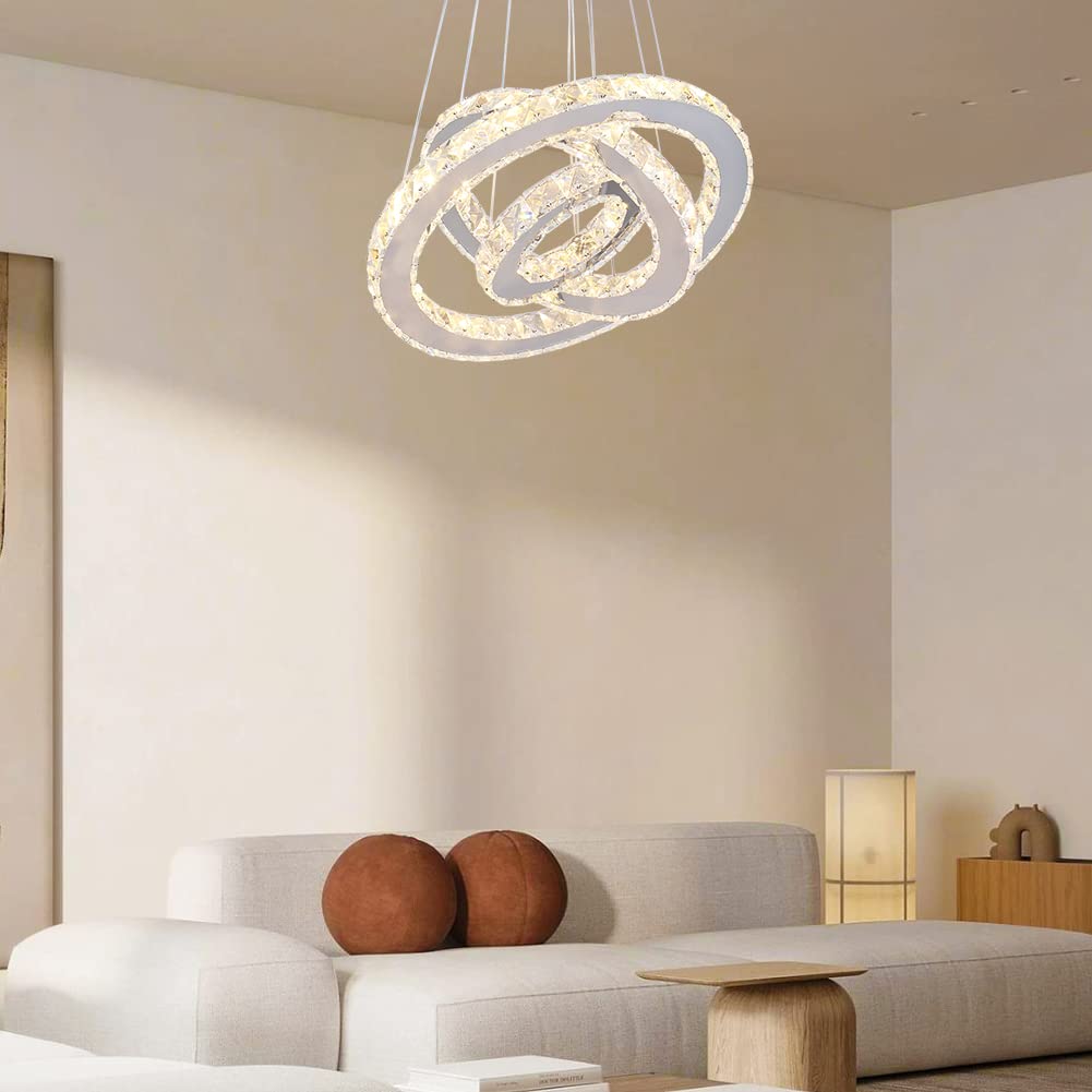 Winretro 3 Ring Modern Crystal LED Chandelier - Round Chrome Pendant Ceiling Light Fixture for Living Room, Dining Room, Bedroom & Kitchen | Elegant Lighting for Home Decor, Wedding & Restaurant Ambiance