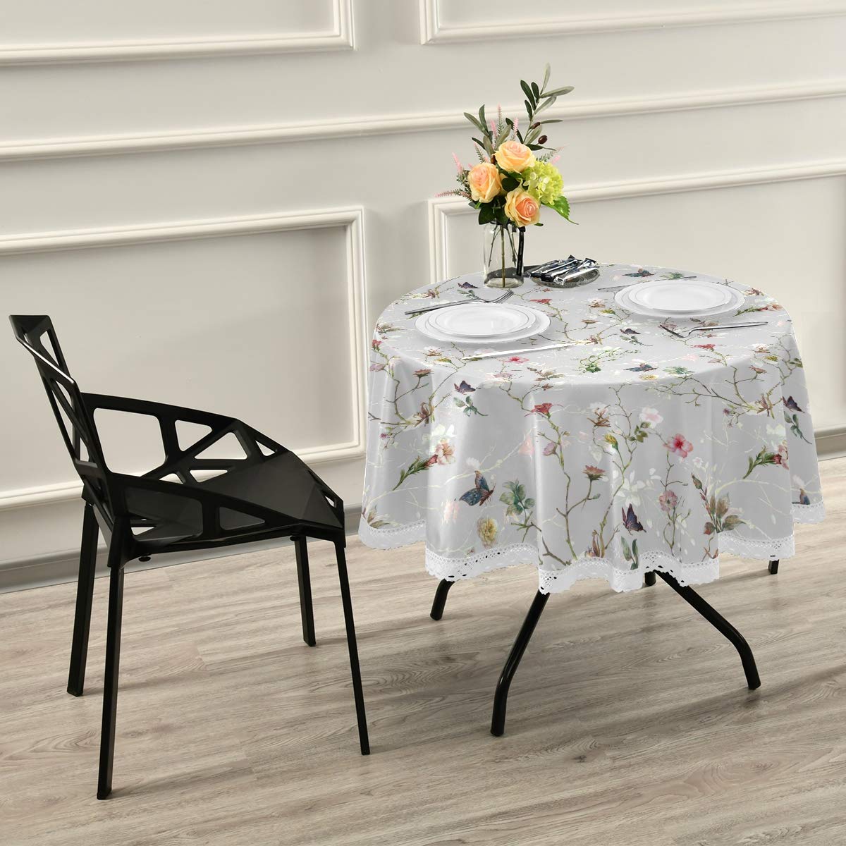 Elegant 60 Inch Round Tablecloth with Classic Butterfly & Meadow Flowers Design - White Lace Polyester Table Cover for Party, Wedding, and Dinner Table Decor - Perfect for Indoor and Outdoor Celebrations