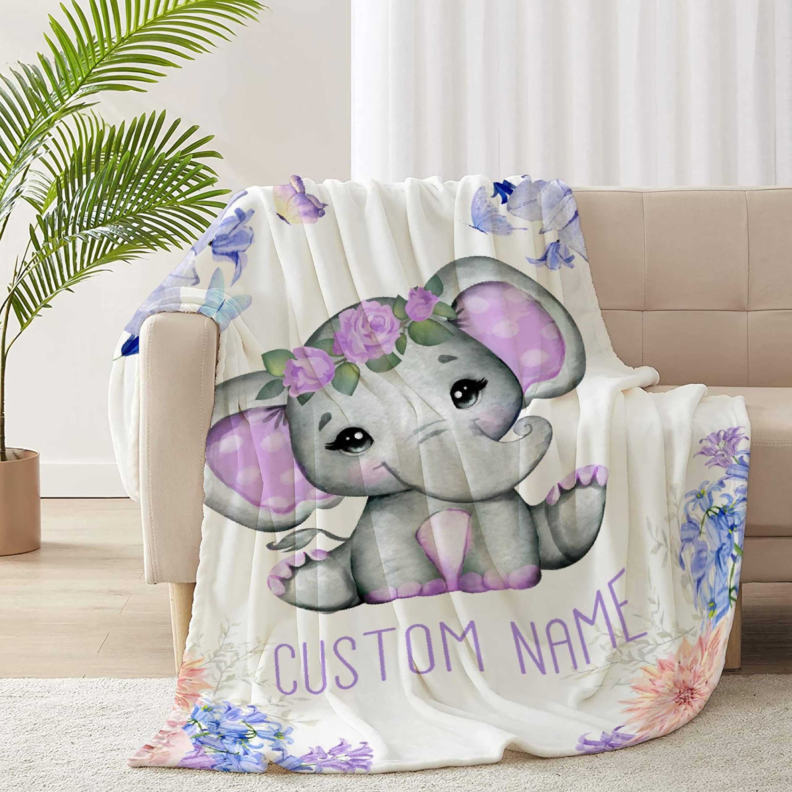 Personalized Baby Blanket with Name - Purple Floral Elephant Fleece Blanket for Girls & Boys | Custom Baby Shower Gift, Birthday Present for Daughter, Granddaughter, Niece | 120