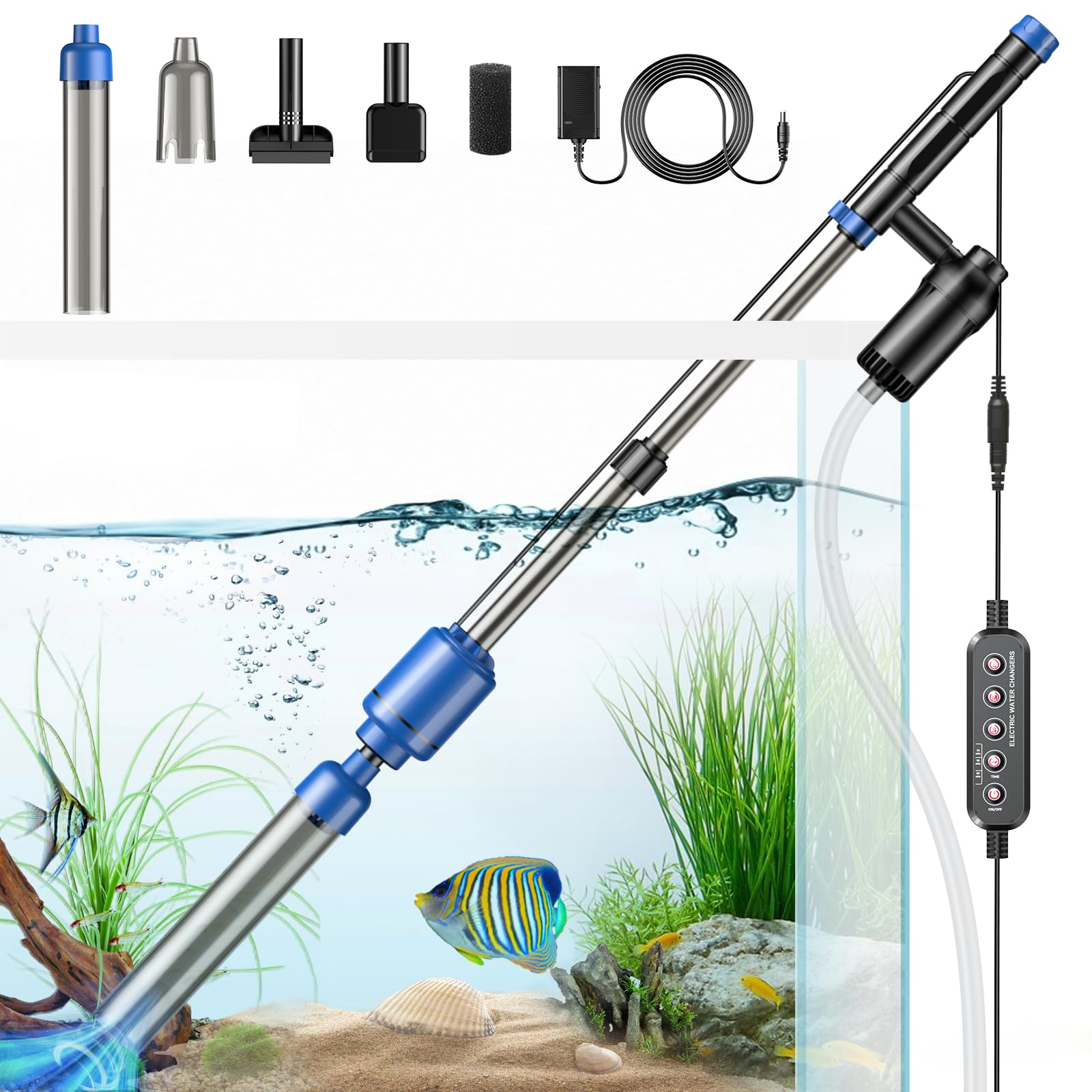 24W Electric Aquarium Gravel Cleaner Vacuum - 6-in-1 Fish Tank Cleaning Kit with Adjustable Water Flow & 3-Grade Control for Sand Washing, Water Changes - Automatic Timer Function - Perfect for Freshwater/Saltwater Tanks, Home & Office Aquarium Maintenance