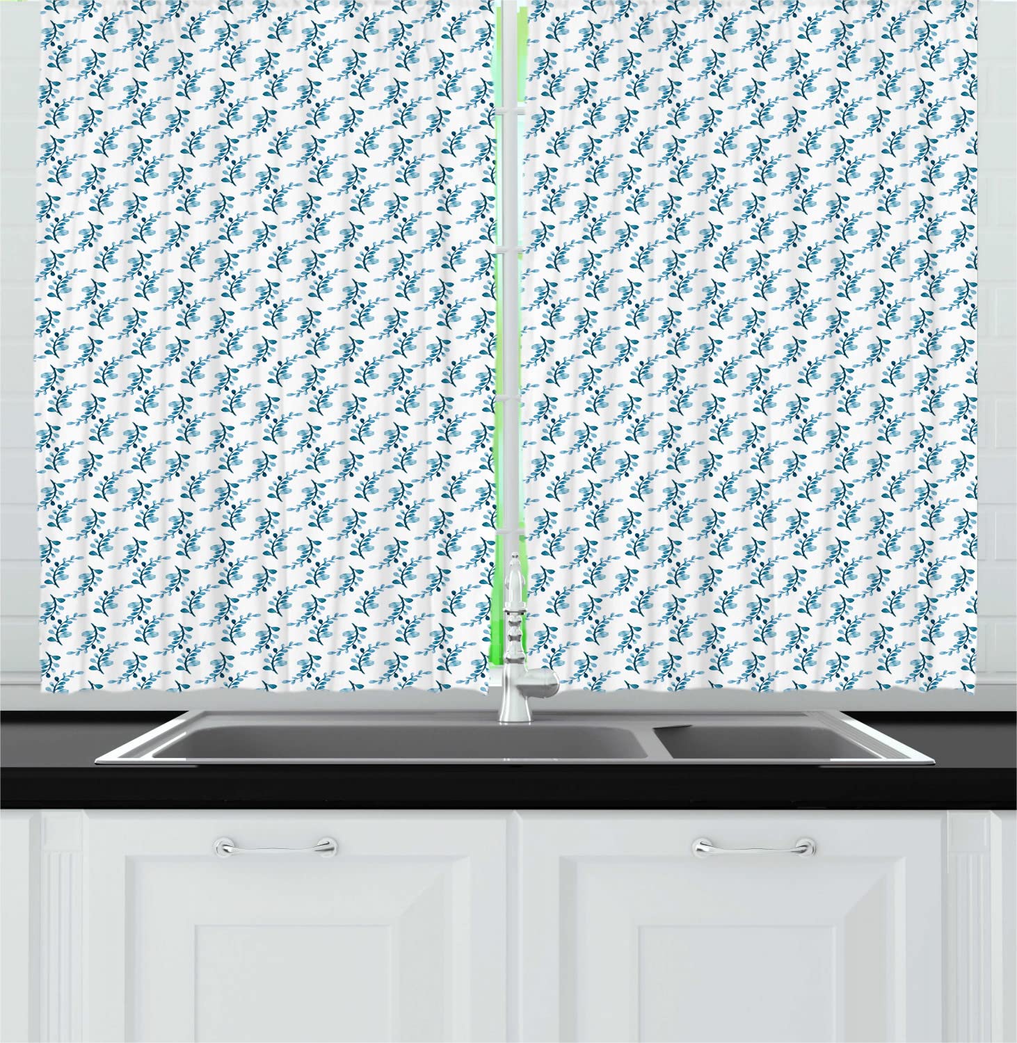 Ambesonne Botanical Long Kitchen Curtains - Watercolor Leaf & Branch Floral Design, 2 Panel Rod Pocket Drapes for Windows, 55x45 Inches, Petrol Blue & White - Perfect for Farmhouse, Cottage & Nature-Inspired Home Decor
