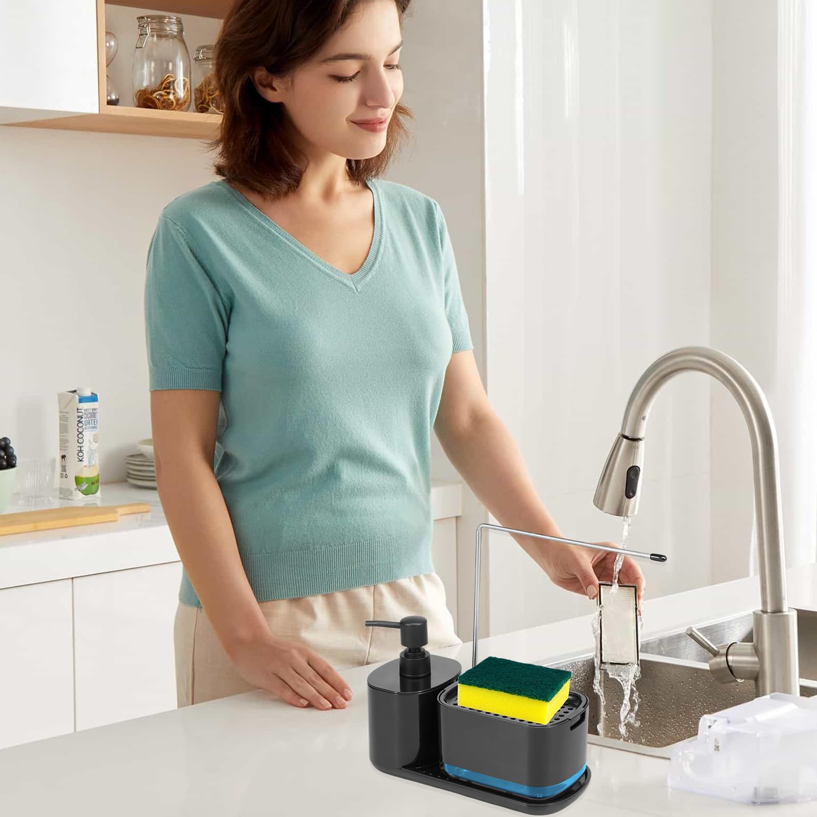Multifunctional Kitchen Soap Dispenser Set with Tray & Towel Holder - for Countertop & Dishwashing