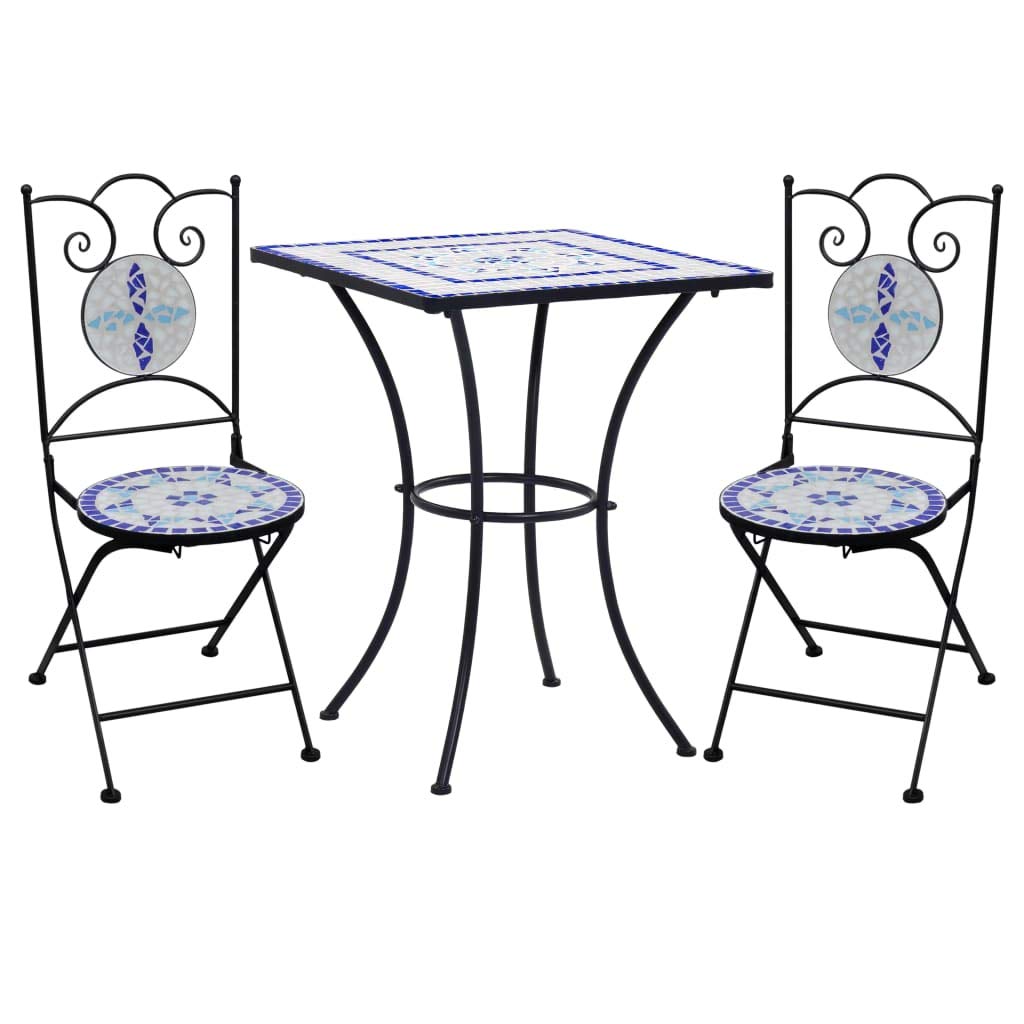 Unfade Memory 3-Piece Mosaic Bistro Set - Blue and White Ceramic Tile Patio Furniture for Outdoor Dining, Garden, Poolside & Backyard Decor