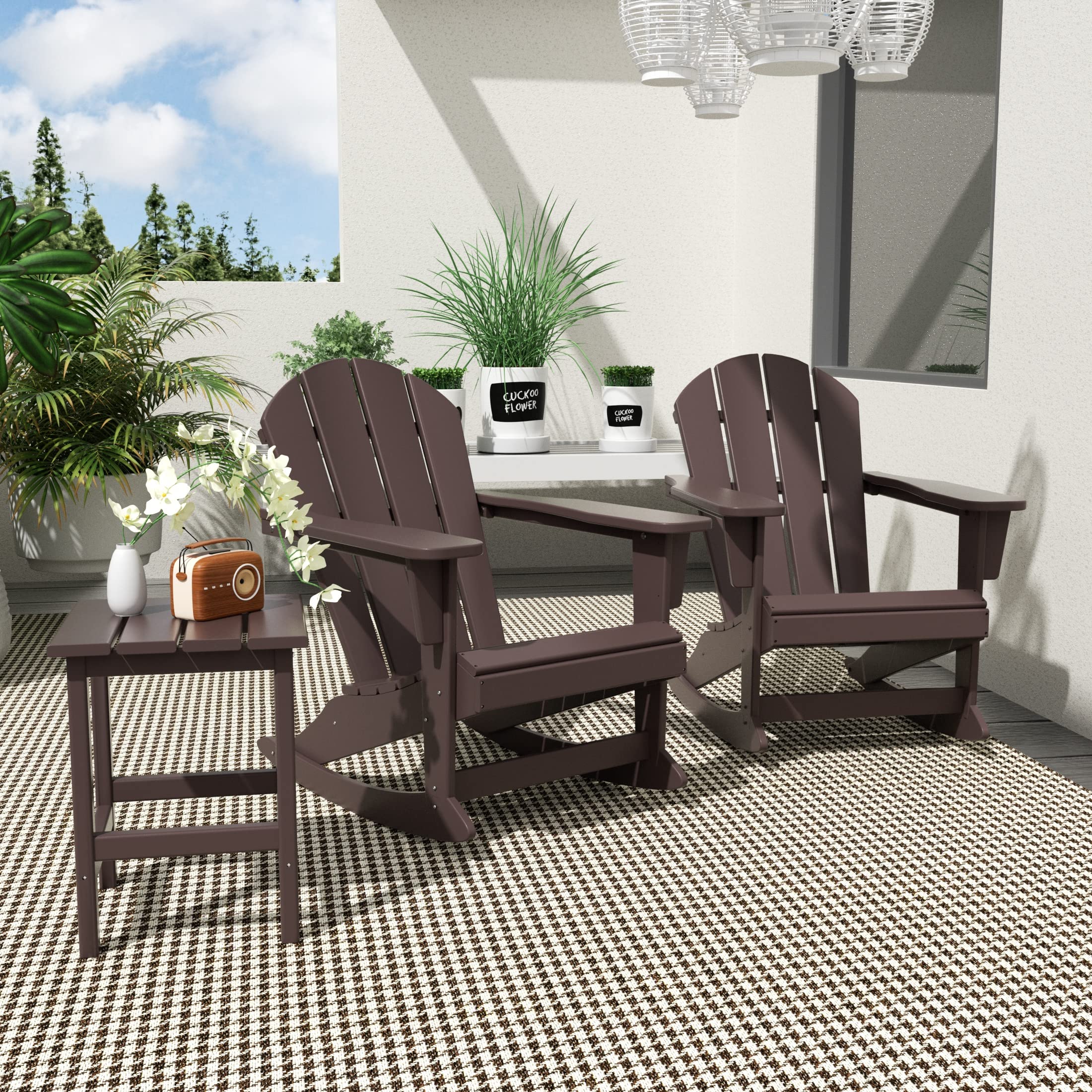 WO Home Furniture 3-Piece Patio Rocking Chair Set - Classic Outdoor Adirondack Rocker Chairs & Side Table in Dark Brown - Perfect for Backyard, Garden, Porch & Poolside Relaxation