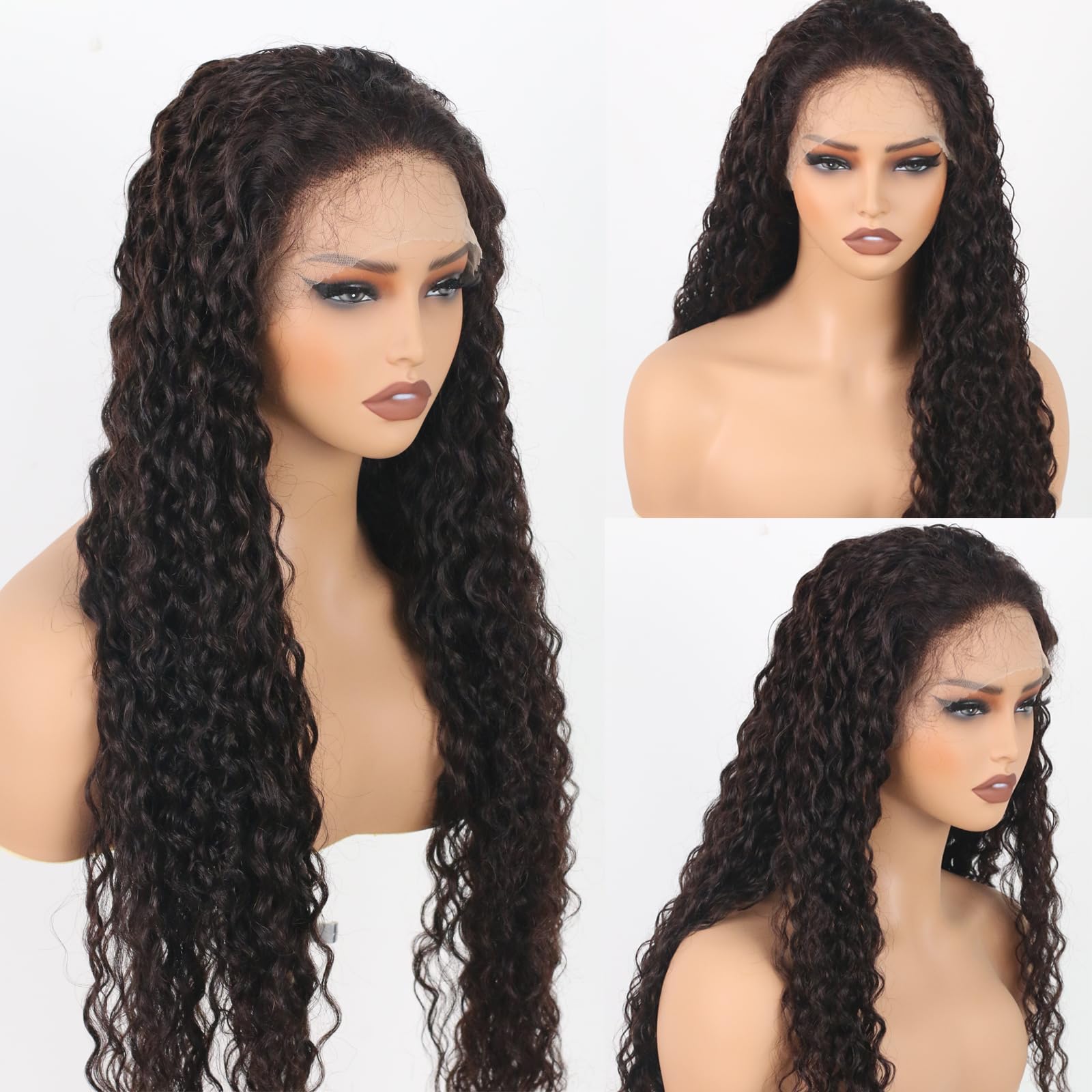 13x4 HD Lace Front Wig Human Hair Pre Plucked 180% Density Deep Water Wave Brazilian Remy Hair Lace Front Wig for Black Women - 34 Inch Natural Dark Brown | Perfect for Daily Wear, Parties & Special Occasions