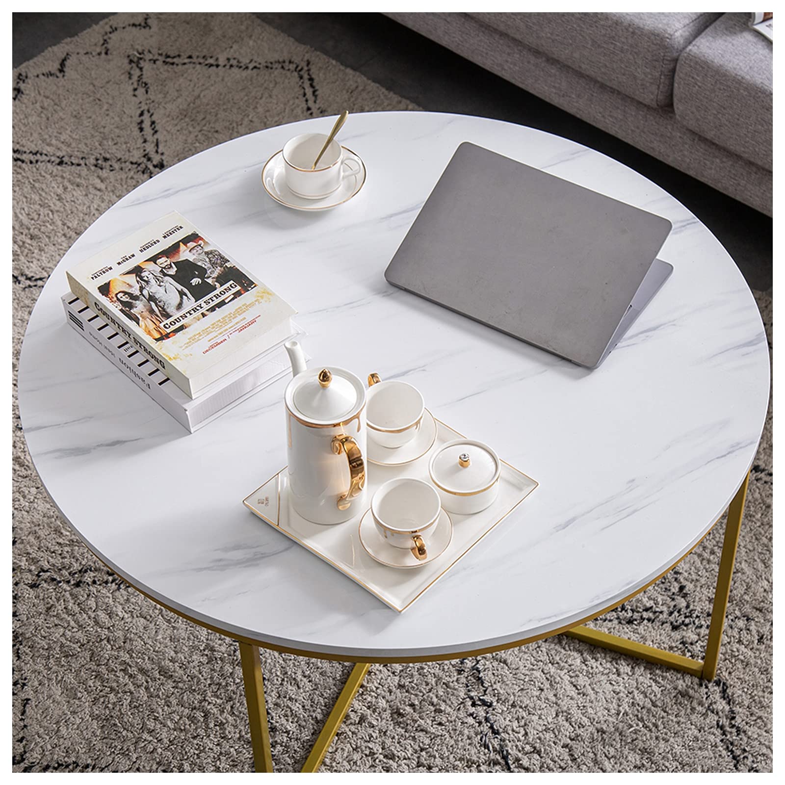 White Marble Round Coffee Table with Golden Metal X-Shaped Base - 35 Inch Modern Living Room Table with Smooth Surface & Cross Foot Design - Perfect for Small Spaces, Apartments & Home Decor (GC983125874)