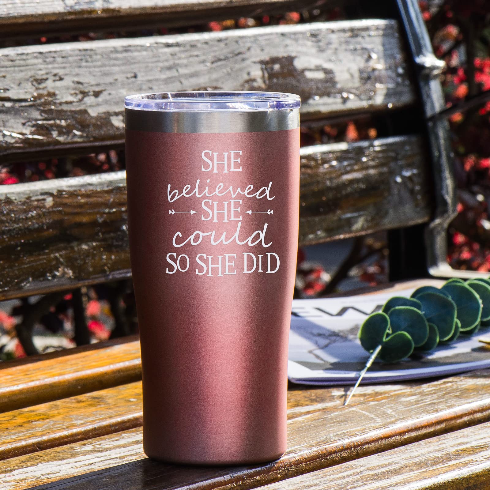 Inspirational 'She Believed She Could So She Did' Rose Gold Tumbler - Perfect Graduation Gift for Women, Girls, Her - Motivational Gift for College, New Job, Congratulations - Great for Office, School & Daily Use
