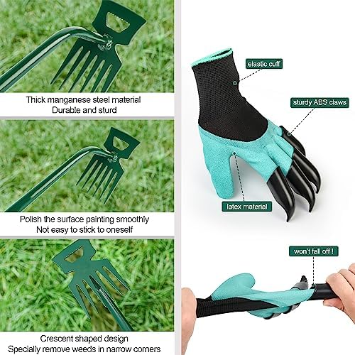 6-Tine Steel Hand Weeder & Claw Gloves Kit - Dual Purpose Weed Puller Tool for Gardening, Farming, Yard Work - Perfect for Cultivating, Loosening Soil, Planting & Mulching | Ideal for Home Gardens, Farms & Landscaping Projects