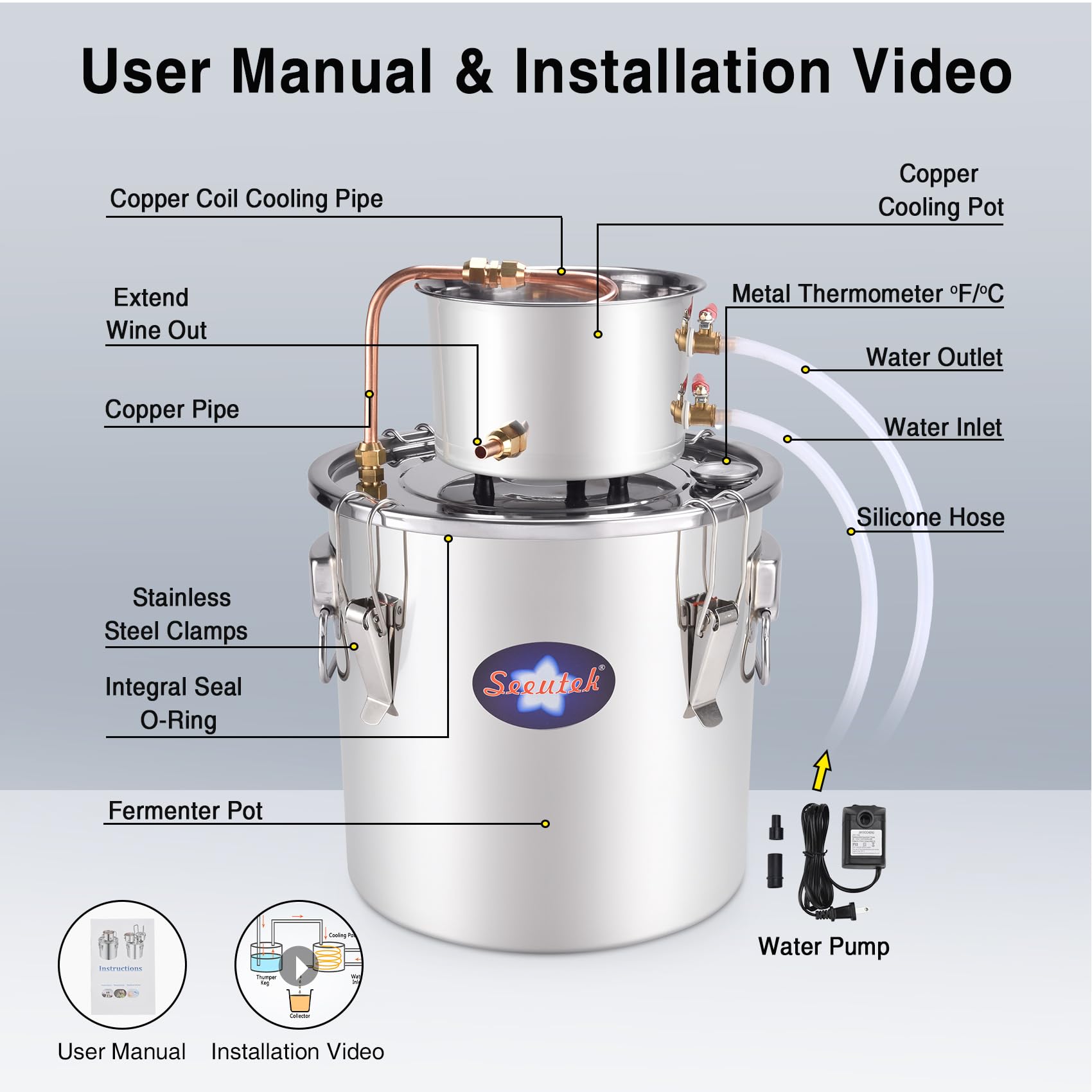 Seeutek 3 Gallon (12L) Alcohol Still Distiller Kit with Circulating Pump, Copper Tube & Dual Display Thermometer - Home Brewing Equipment for Whisky, Wine Making & Essential Oil Extraction | Perfect for DIY Spirits, Moonshine & Craft Distilling at Home
