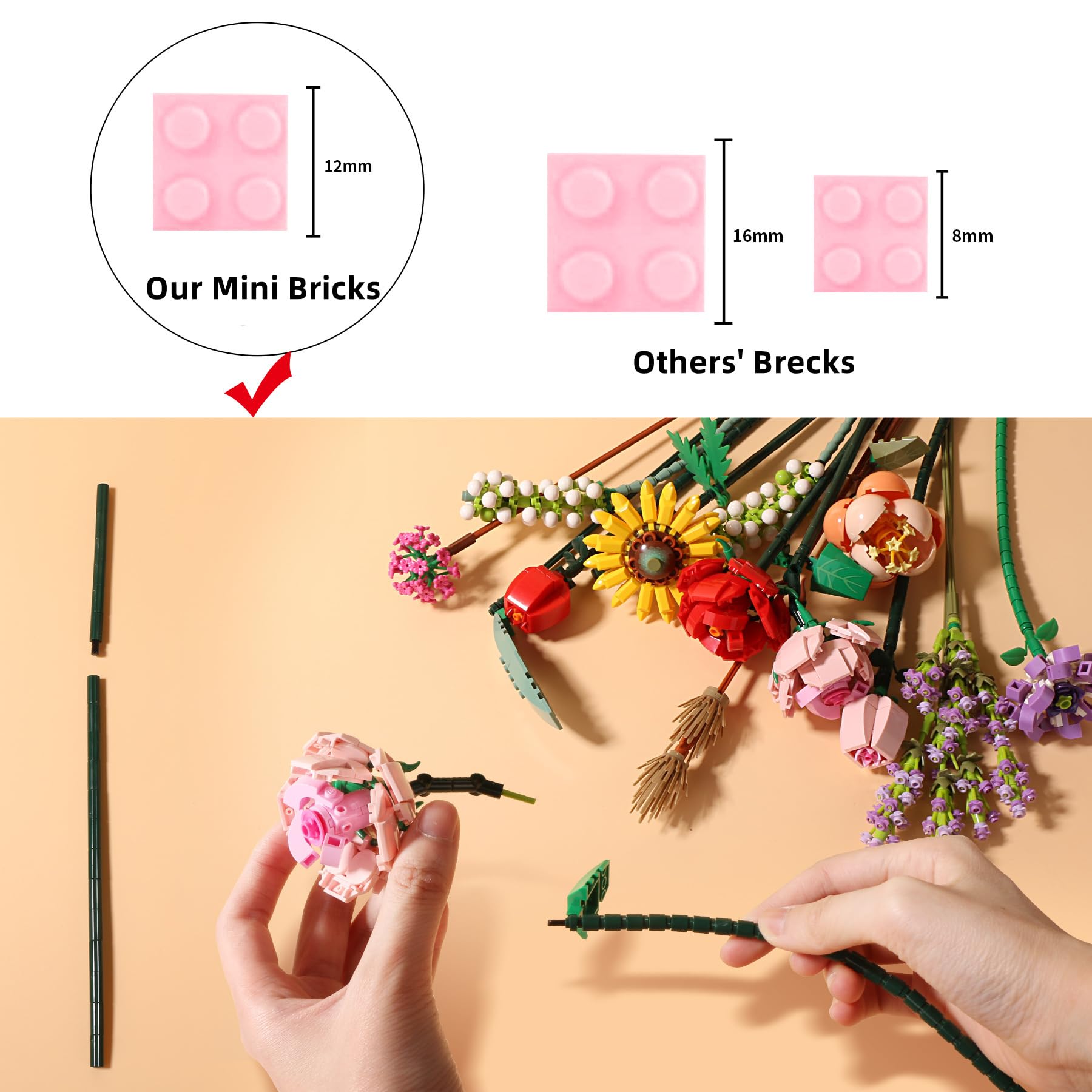 Mini Bricks Flower Bouquet Building Kit - 547 Piece Botanical Collection for Girls Ages 8-12 | DIY Artificial Flowers for Home Decor, Unique Gift Idea (Not Lego Compatible) | Perfect for Birthday Presents, Room Decoration & Creative Play