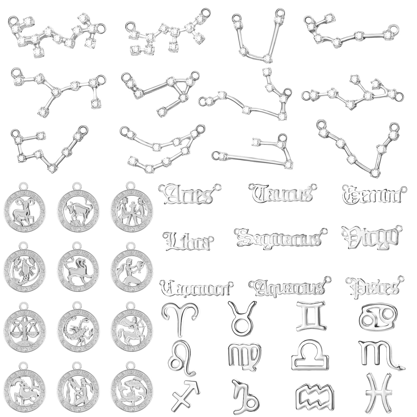 Hicarer 48-Piece Zodiac Charms for Jewelry Making - 4 Styles Diamond Alphabet Alloy Pendants, 12 Horoscope Sign Charms with 24 Cards - Perfect for DIY Necklaces, Bracelets, and Personalized Gifts