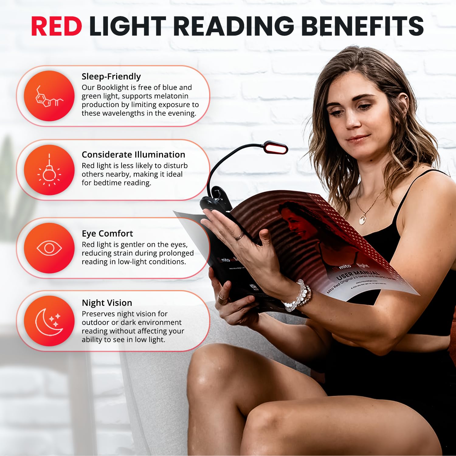 Mito Red Light Therapy Book Light - Rechargeable Clip-On Reading Light with 360° Adjustable Gooseneck - Perfect for Night Reading in Bed, Travel & Study - Portable LED Book Lamp for Kids & Adults