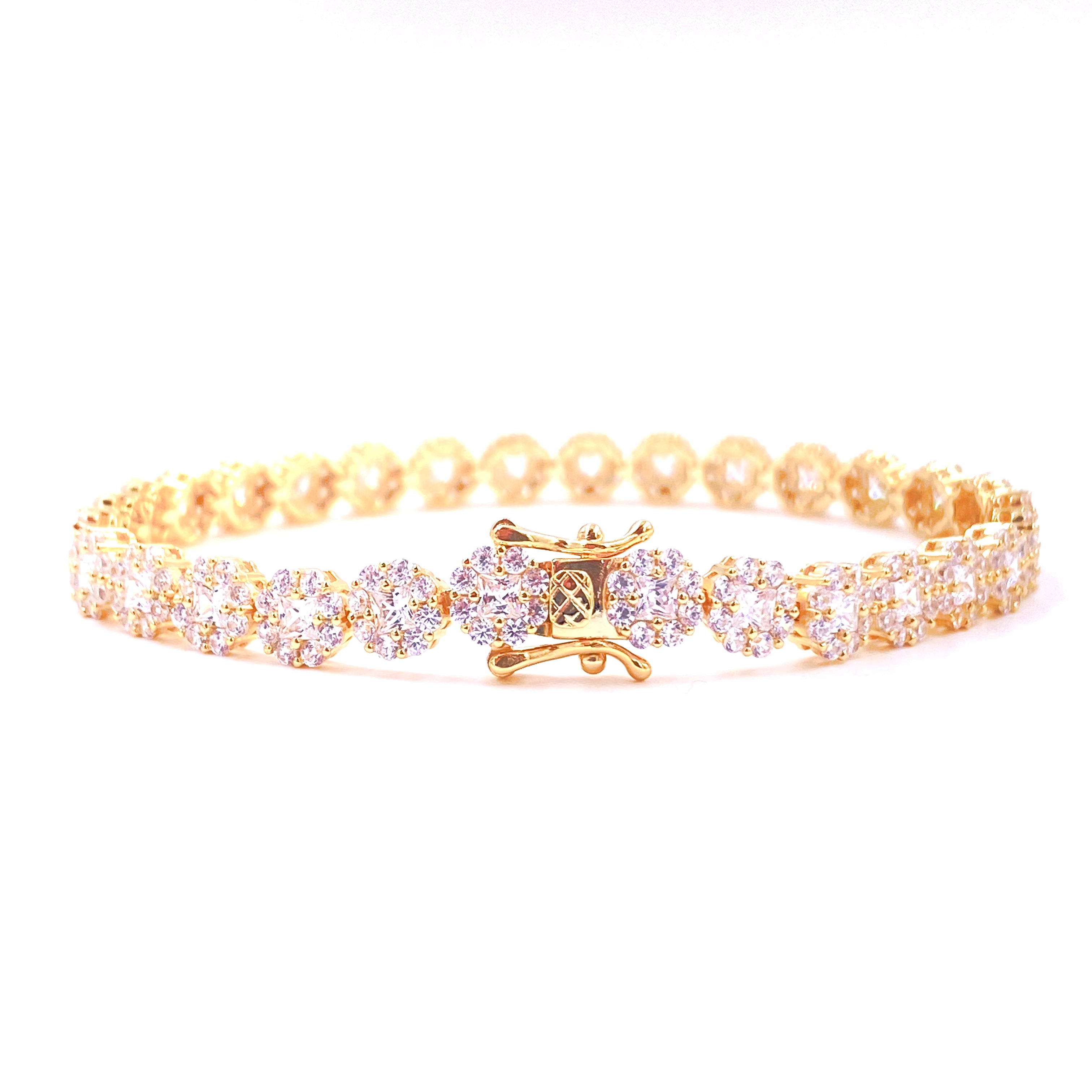 Ashley Gold Sterling Silver Gold Plated CZ Flower Design Tennis Bracelet for Women - Elegant Jewelry Gift for Anniversary, Wedding & Special Occasions