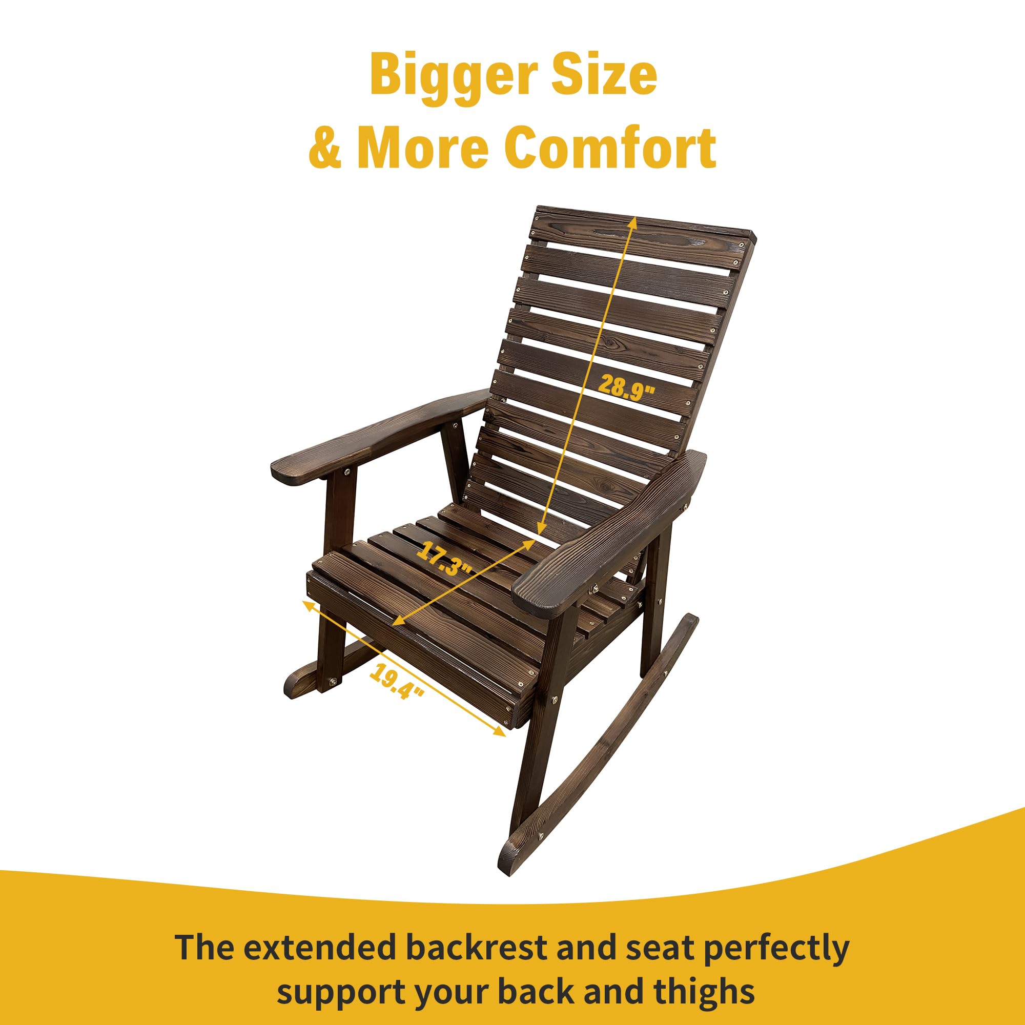 Premium Solid Fir Wood Rocking Chair with High Backrest & Contoured Seat - Heavy Duty 600 lbs Capacity - Dark Chocolate Finish - Perfect for Indoor Living Room, Outdoor Patio, Garden & Porch Relaxation