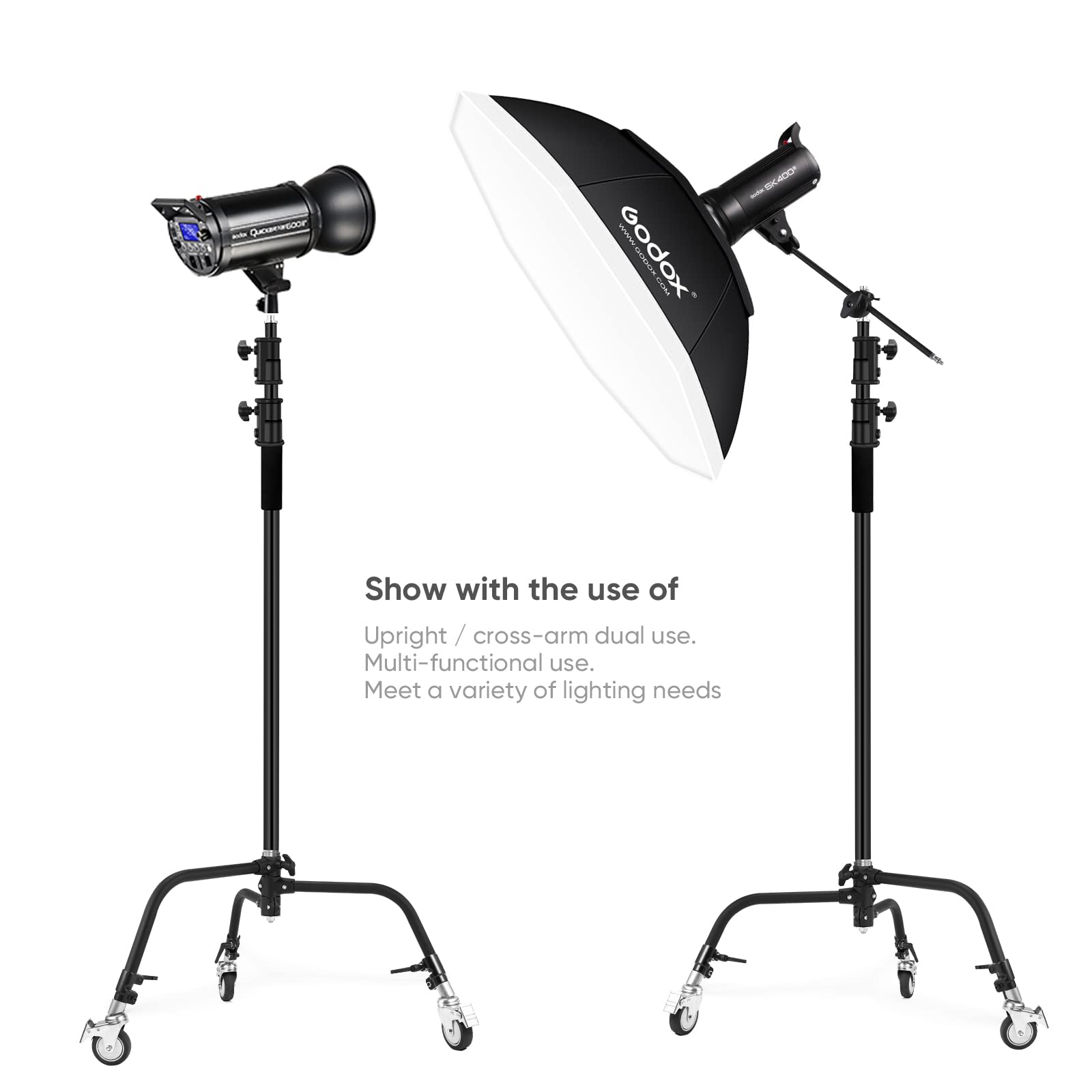 Heavy Duty C Stand 11.3ft/345cm All-Metal Adjustable Century Stand with 4.2ft/128cm Boom Arm & Wheels - Professional Photography Light Stand for Studio, Video Reflector, Umbrella, Softbox & Monolight - Perfect for Portrait, Product & Commercial Photography