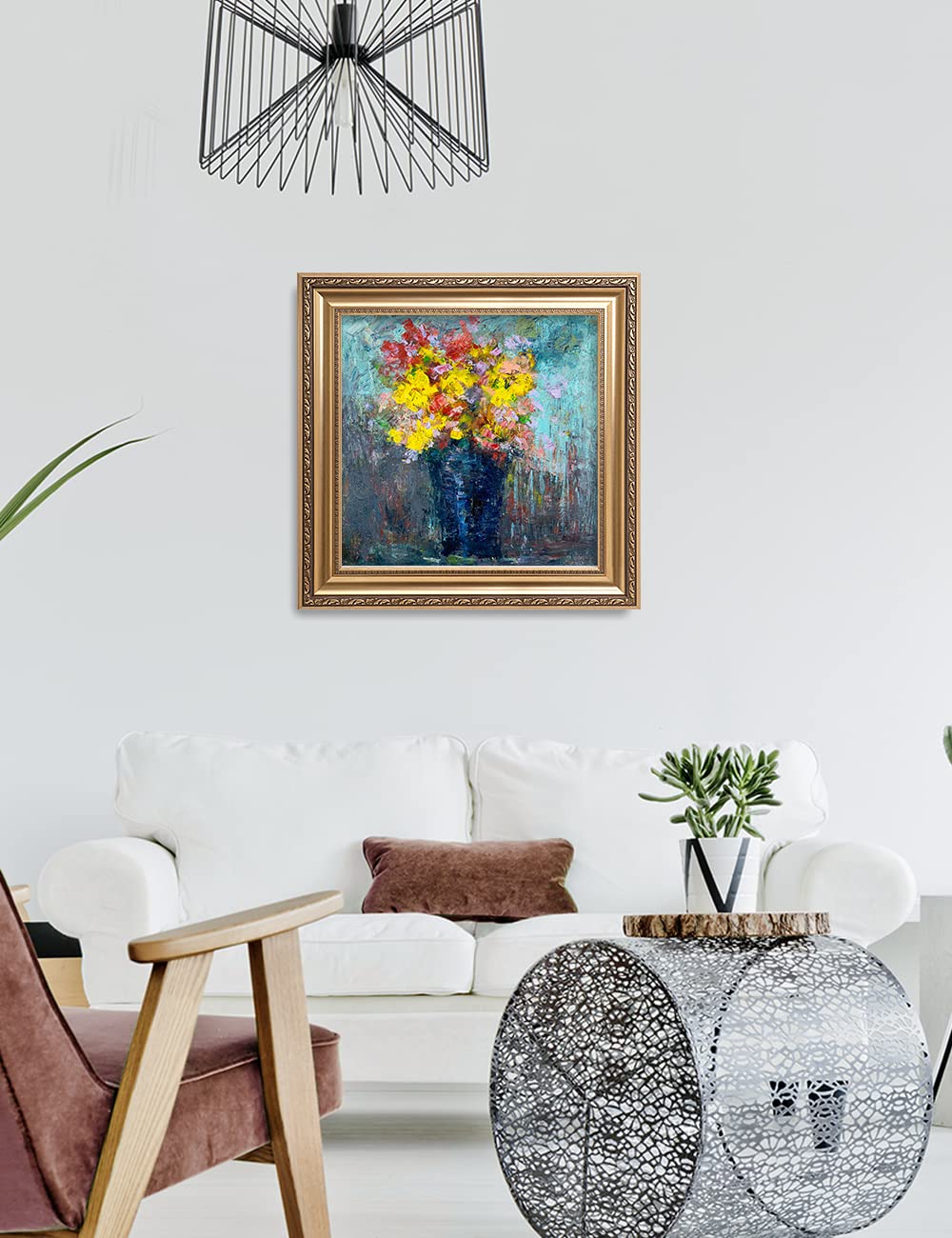 DECORARTS - After The Rain by David Ma - Floral Abstract Wall Art Print - Giclee on Canvas in Classic Golden Frame (26x26 Inches) - Ready to Hang - Perfect for Living Room, Bedroom & Office Decor