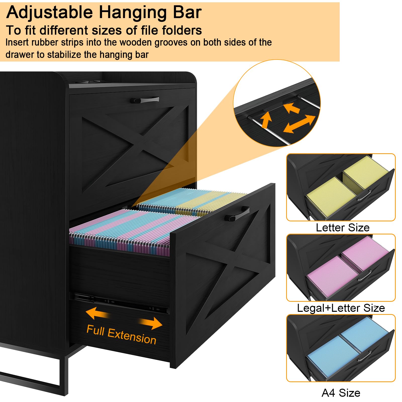 2-Drawer Lateral File Cabinet with Built-in Charging Station - Letter/Legal/A4 Size Hanging File Storage - Wooden Office Cabinet with Printer Stand for Home & Workspace - Black - Perfect for Organizing Documents & Charging Devices in Modern Offices