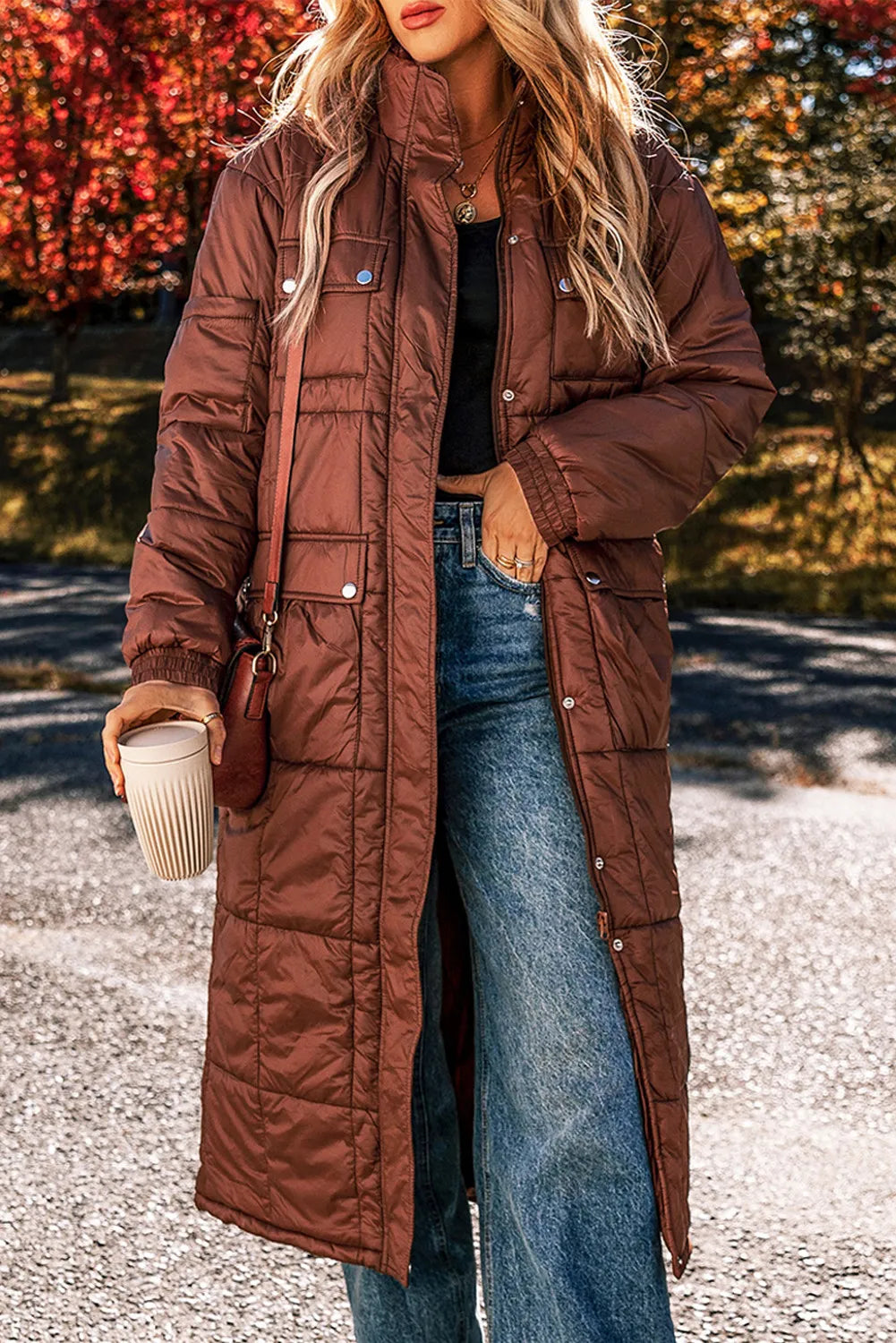 Stylish Pocketed Bubble Texture Long Sleeve Longline Winter Coat for Women - Warm & Fashionable Outerwear for Cold Weather, Snow Days & Winter Travel